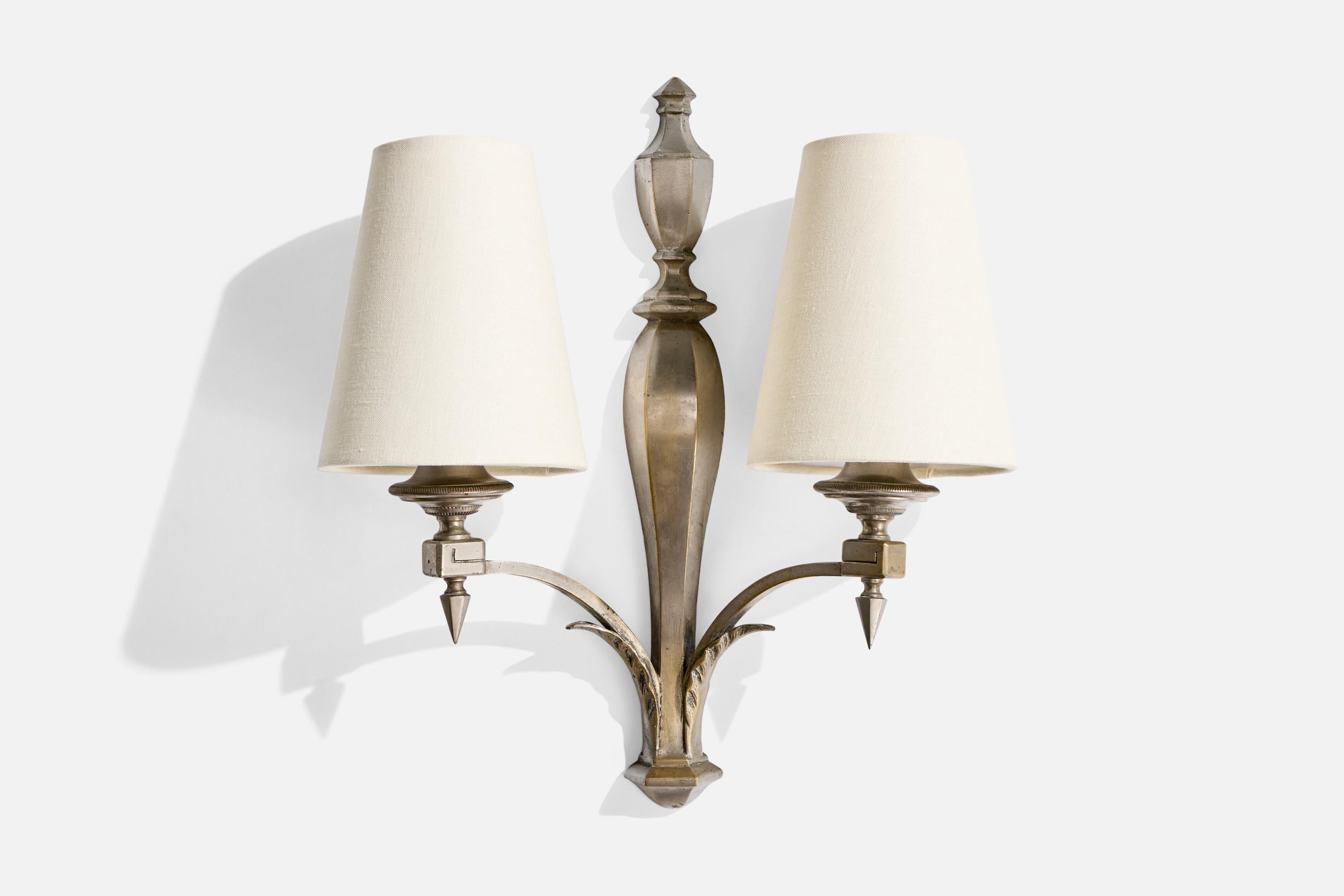 Mid-20th Century French Designer, Wall Lights, Metal, Fabric, France, 1940s For Sale