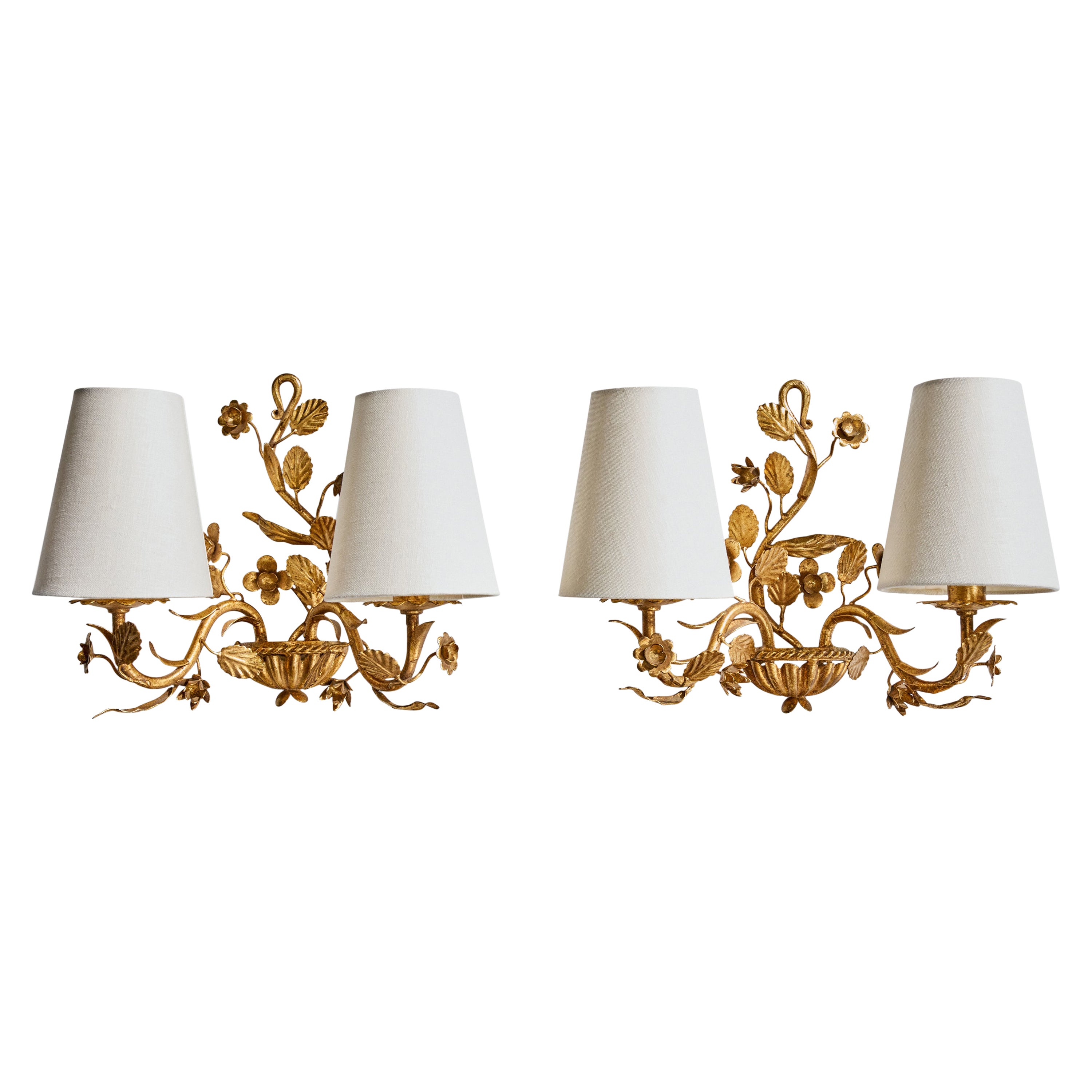Französischer Designer, Wall Lights, Metall, Stoff, Frankreich, 1940er Jahre