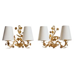 Französischer Designer, Wall Lights, Metall, Stoff, Frankreich, 1940er Jahre