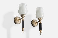 French Designer, Wall Lights, Metal, Glass, France, 1950s