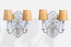 French Designer, Wall Lights, Metal, Mirror, Glass, Parchment, France, 1950s