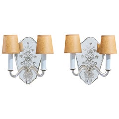 French Designer, Wall Lights, Metal, Mirror, Glass, Parchment, France, 1950s