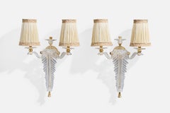 French Designer, Wall Lights, Plexiglass, Brass, Fabric, France, 1970s