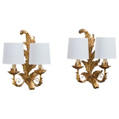 French Designer, Wall Lights, Wood, Brass, Fabric, France, 1940s