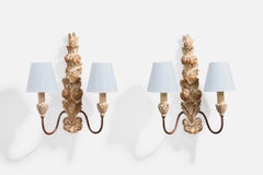 French Designer, Wall Lights, Wood, Metal, Fabric, France, 1950s