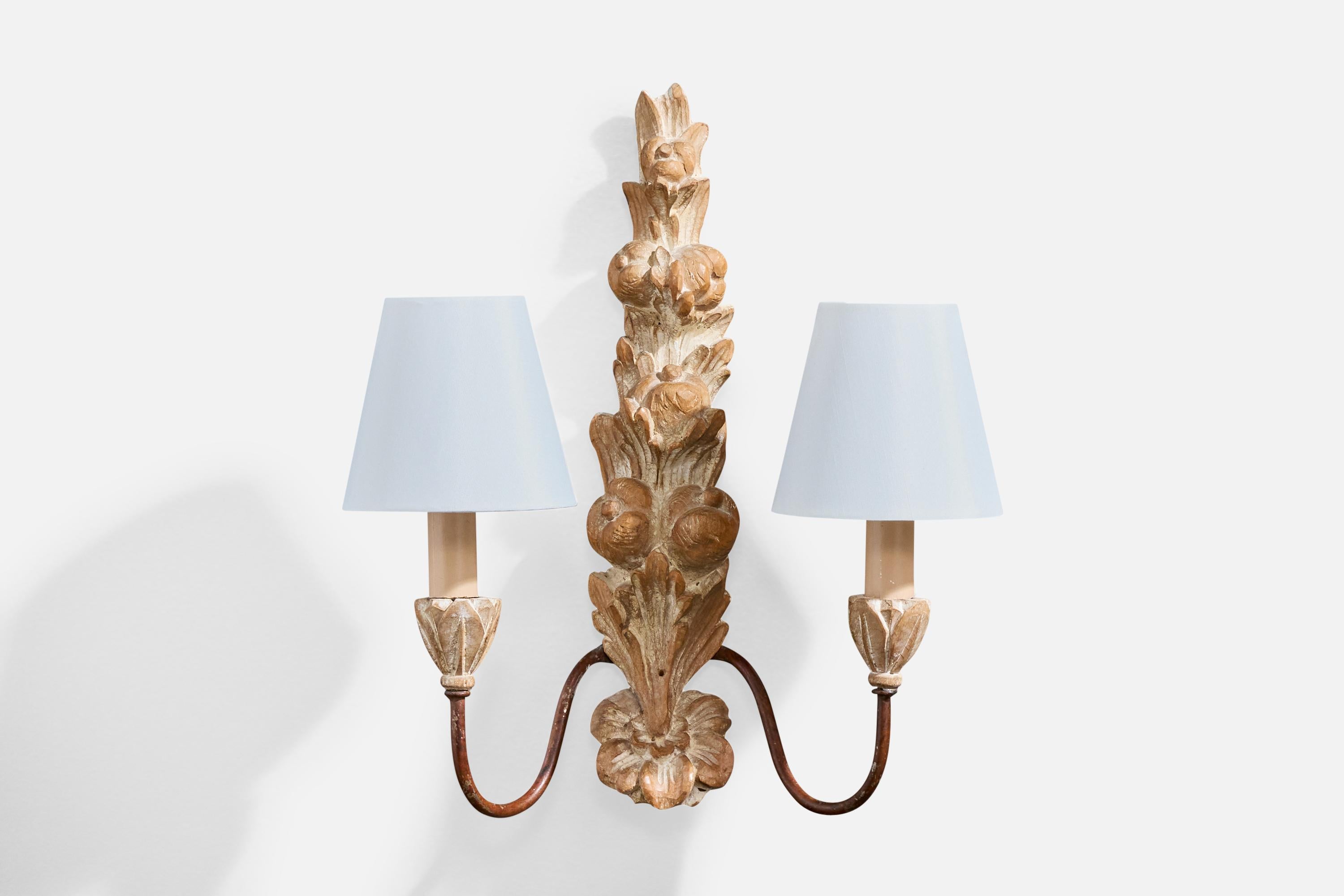 Französischer Designer, Wandleuchten, Holz, Metall, Stoff, Frankreich, 1950er Jahre im Angebot 1