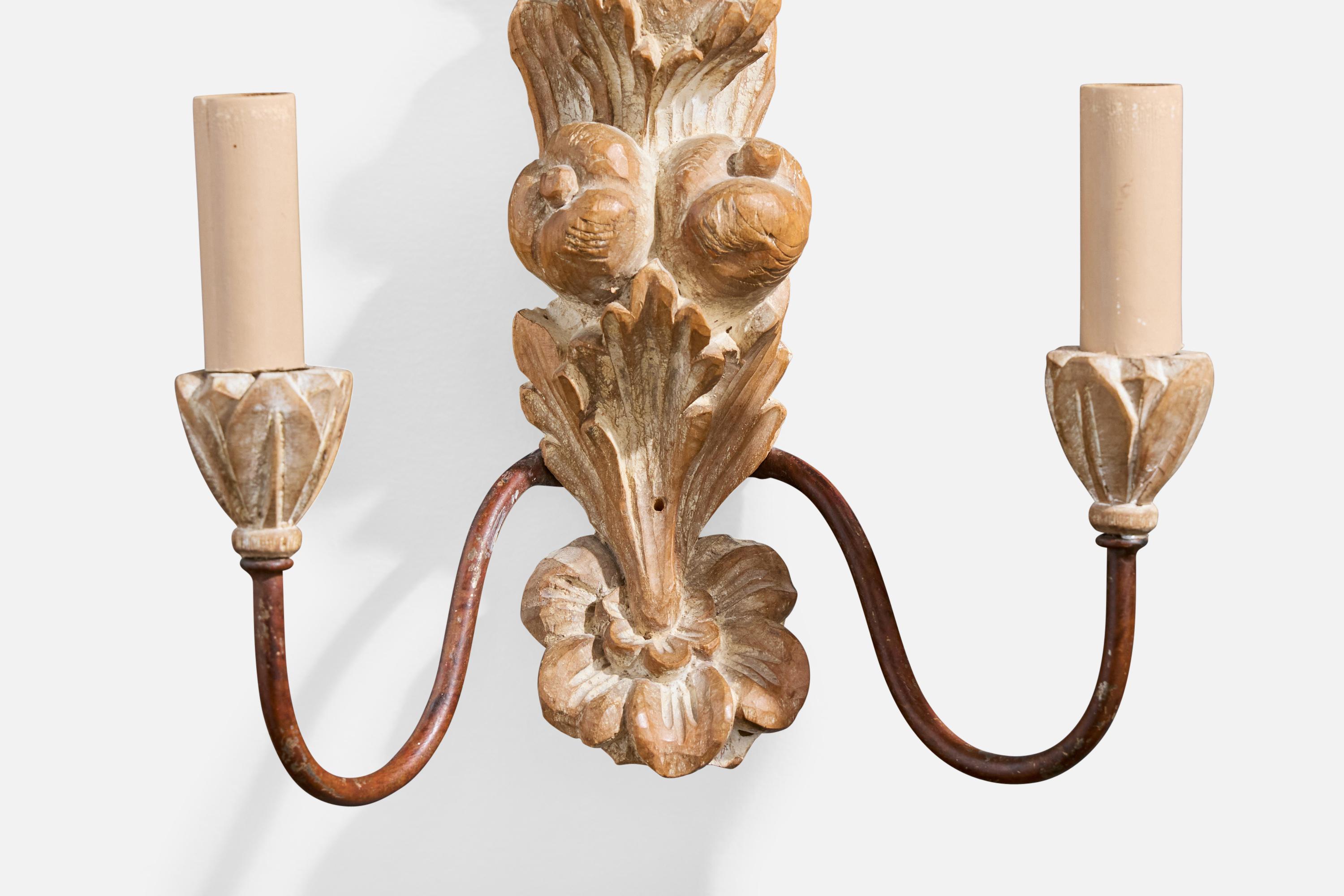 Französischer Designer, Wandleuchten, Holz, Metall, Stoff, Frankreich, 1950er Jahre im Angebot 4