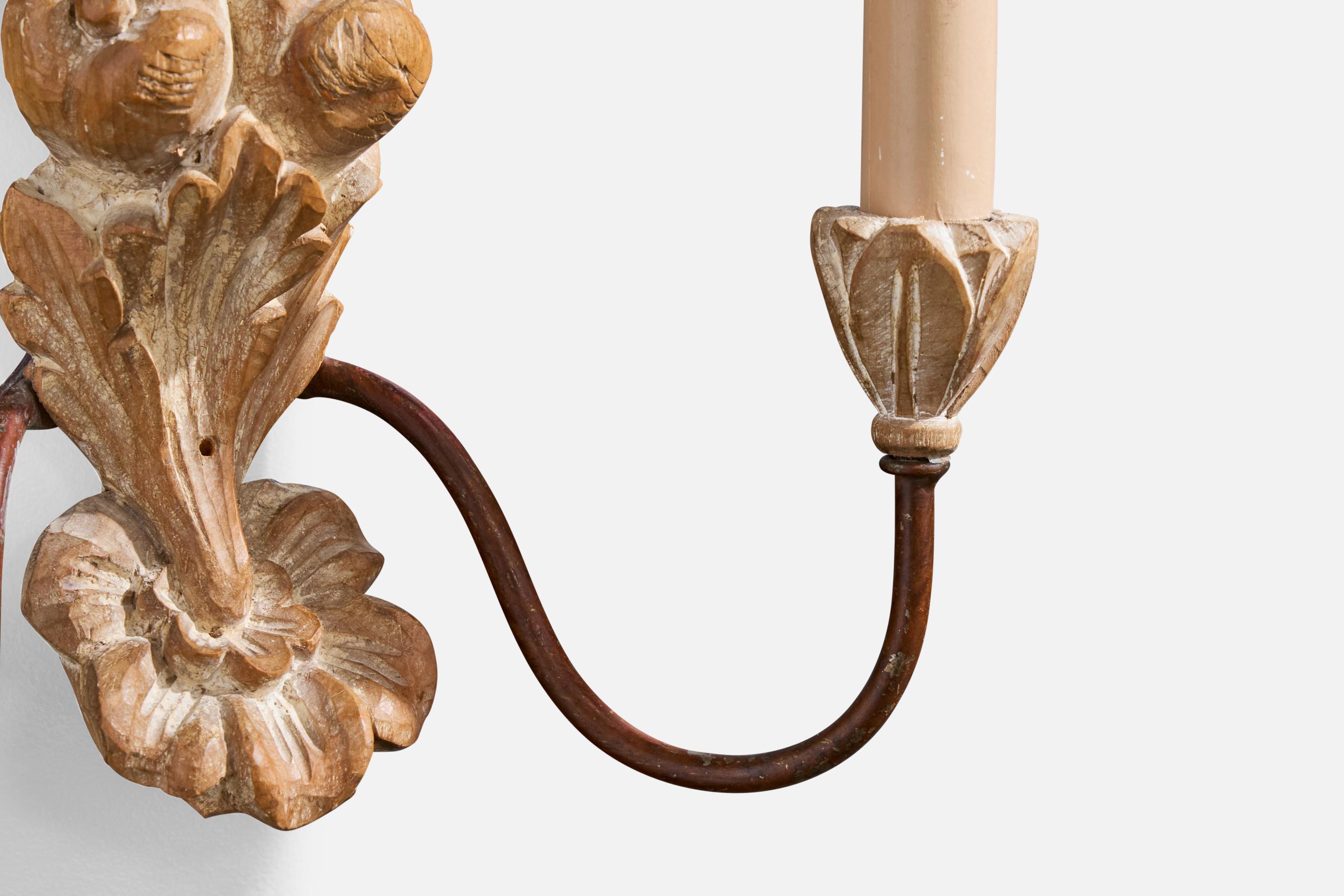 Französischer Designer, Wandleuchten, Holz, Metall, Stoff, Frankreich, 1950er Jahre im Angebot 5