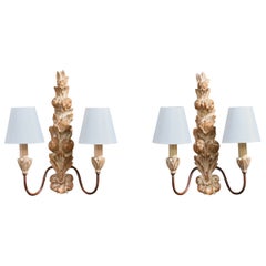 French Designer, Wall Lights, Wood, Metal, Fabric, France, 1950s