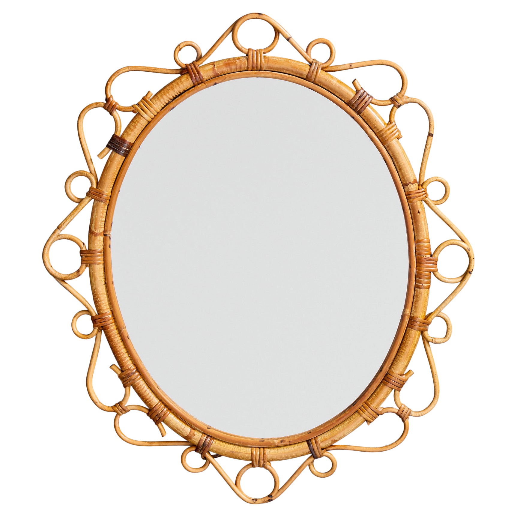 Specchio da parete di design francese, bambù, rattan, Francia, anni '1960 in vendita