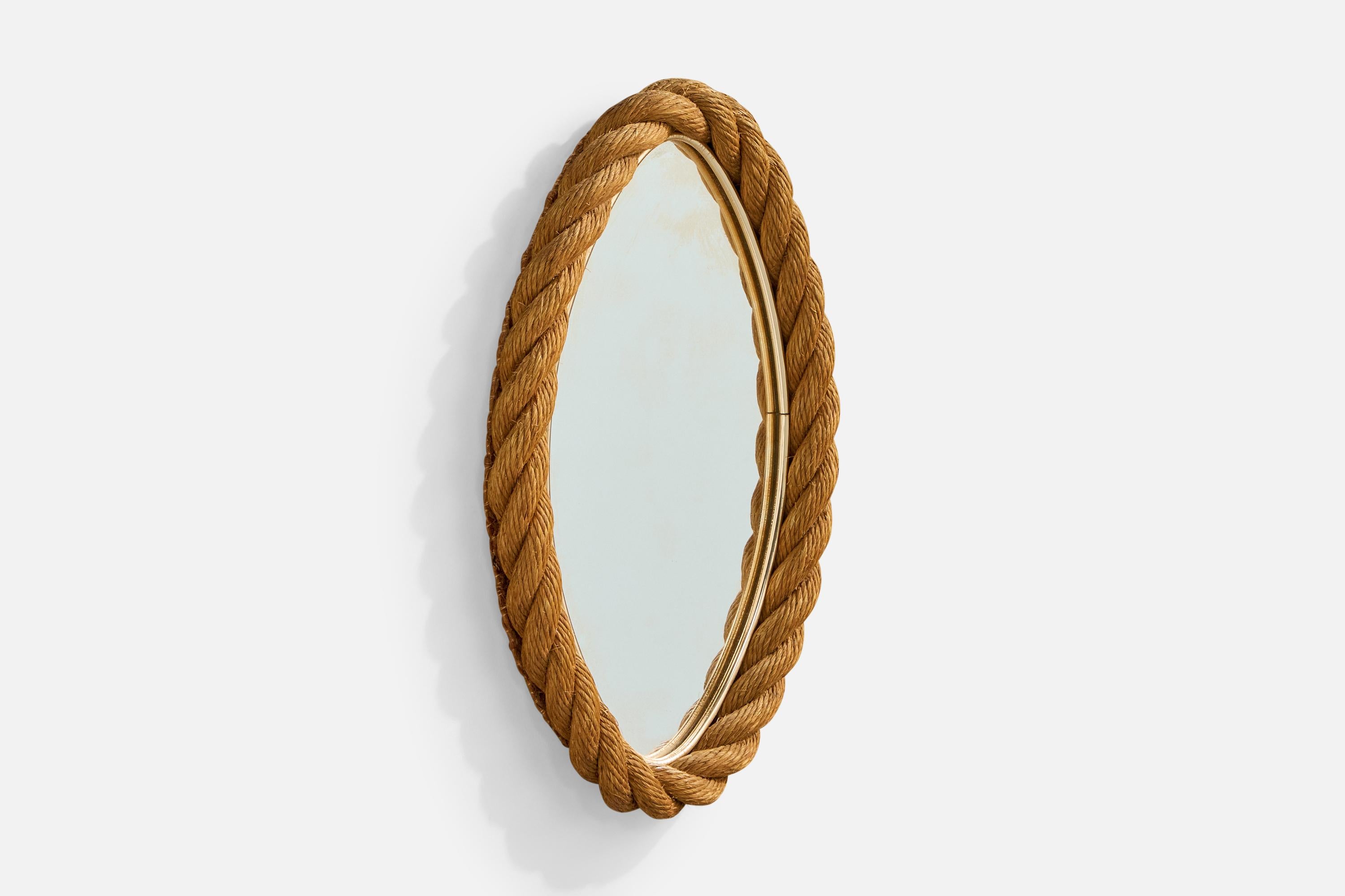 Mid-Century Modern Miroir mural de designer français, corde, laiton, France, années 1970 en vente