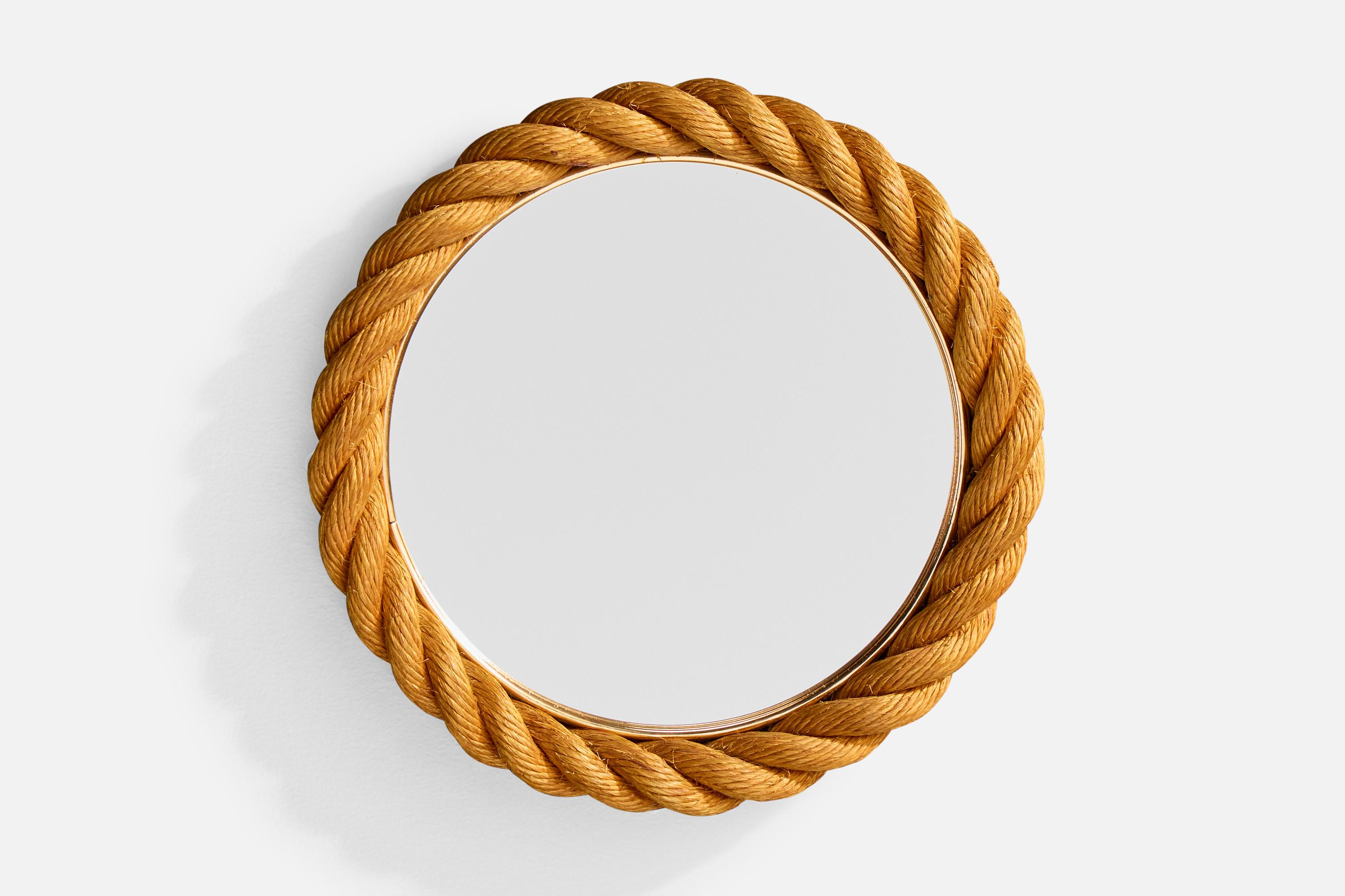 Specchio da parete in corda marrone progettato e prodotto in Francia, anni '70 circa.

Dimensioni complessive (pollici): 13,5 