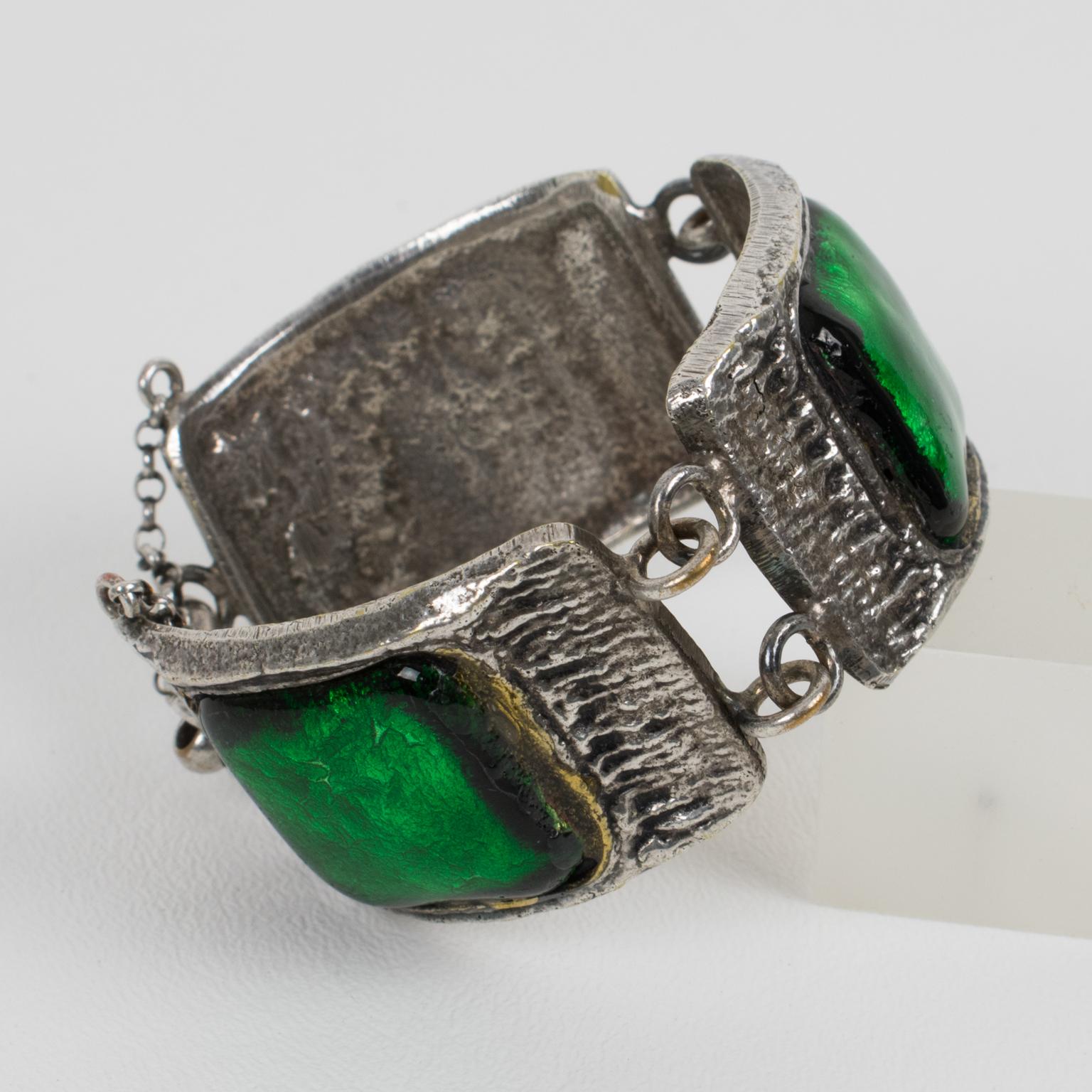 French Designer Willy Silvered Bronze and Green Glass Link Bracelet, 1950s For Sale 1