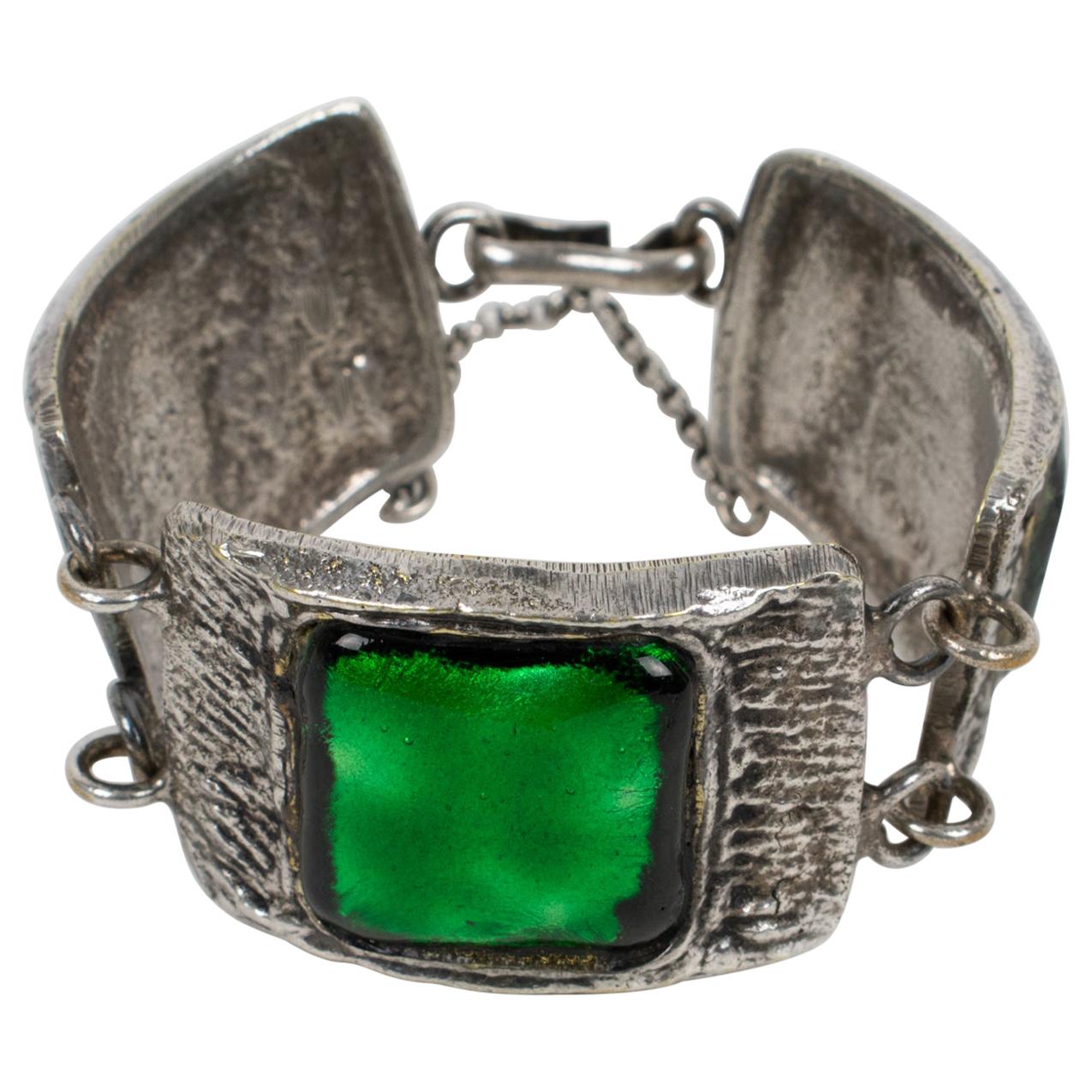 French Designer Willy Silvered Bronze and Green Glass Link Bracelet, 1950s For Sale