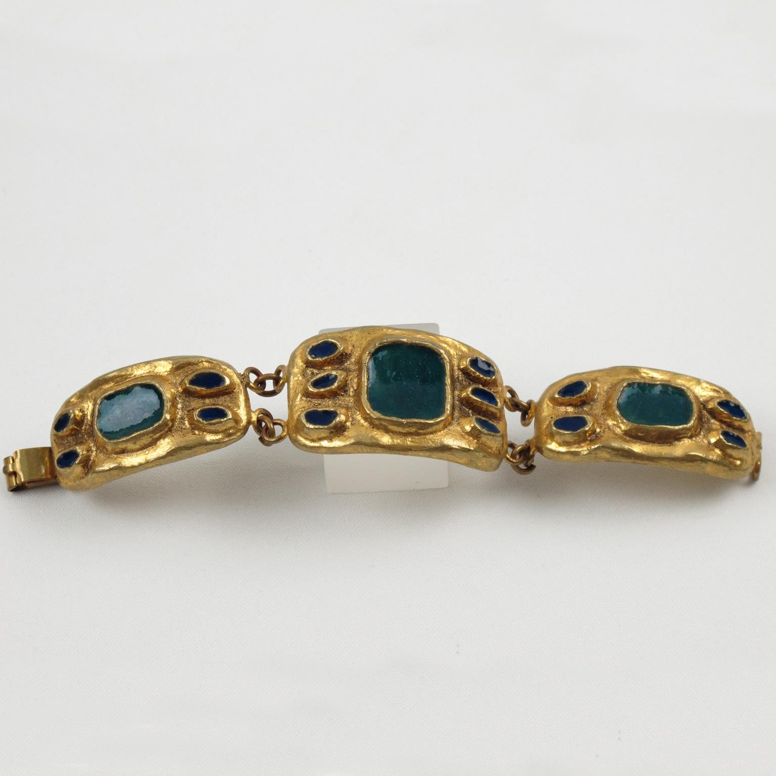 Women's or Men's French Designer Willy Gilt Bronze and Green Enamel Link Bracelet, 1950s For Sale
