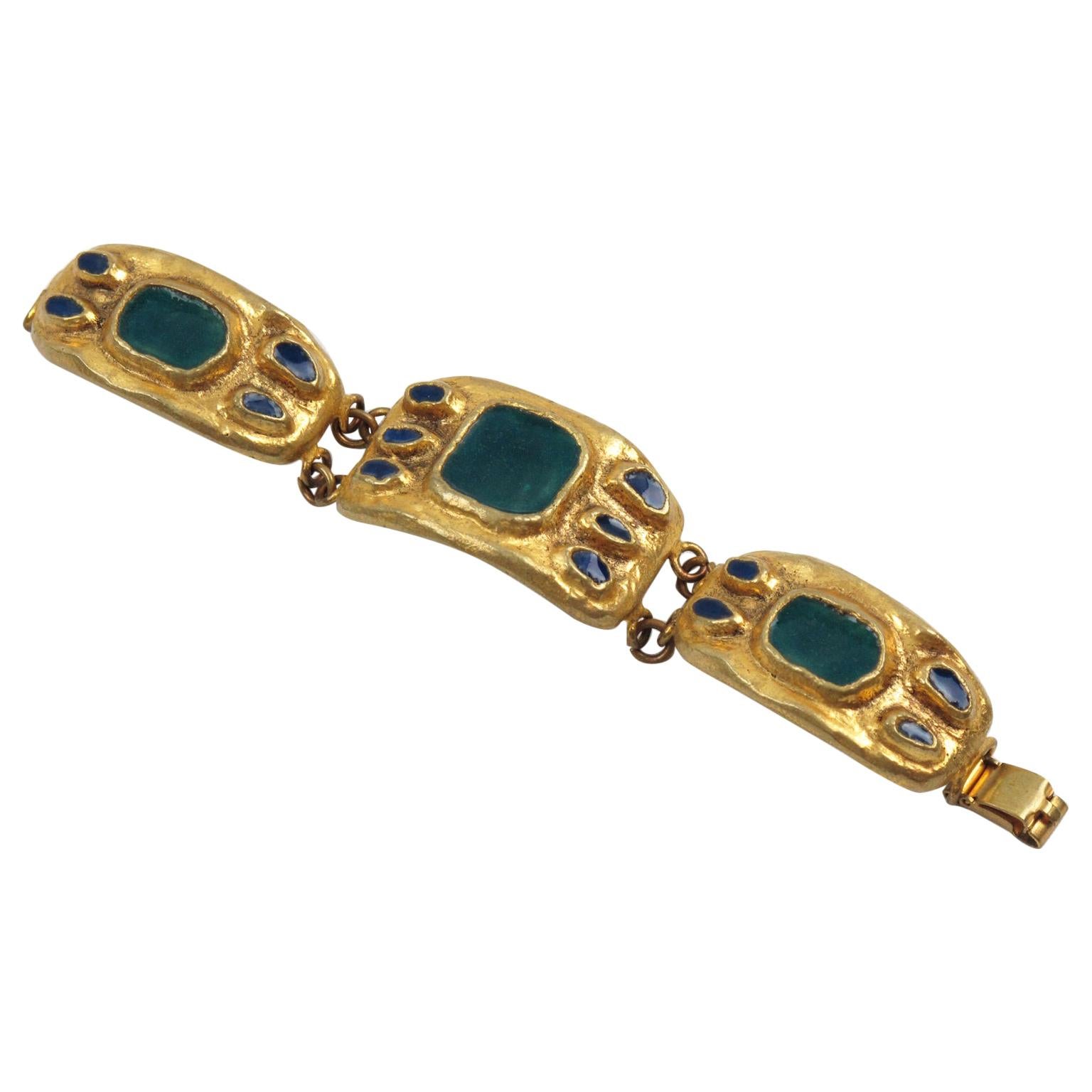 French Designer Willy Gilt Bronze and Green Enamel Link Bracelet, 1950s For Sale