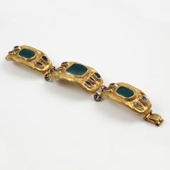 French Designer Willy Gilt Bronze, Green Enamel Link Bracelet