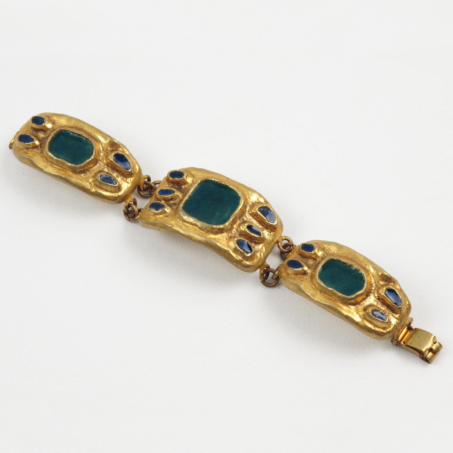 Modernist French Designer Willy Gilt Bronze, Green Enamel Link Bracelet For Sale