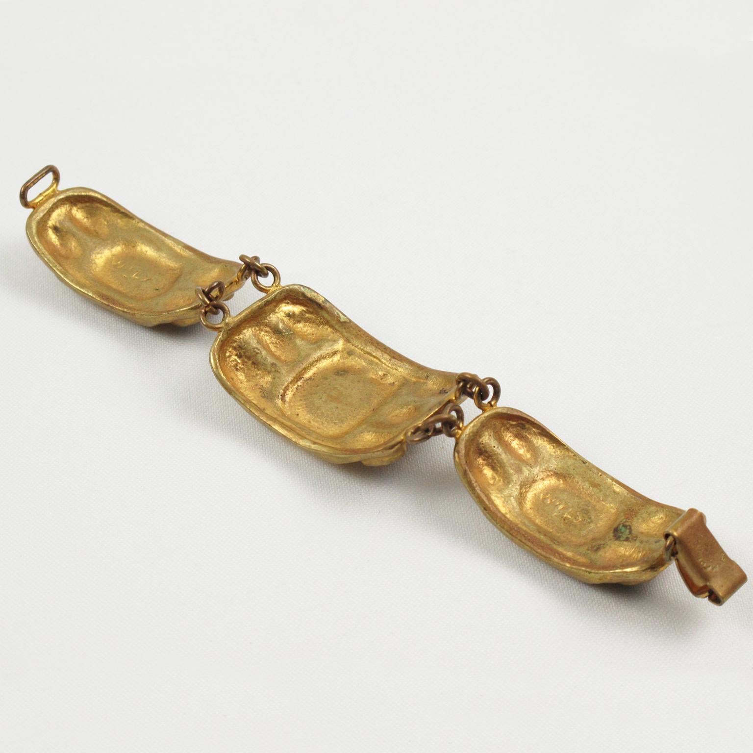 French Designer Willy Gilt Bronze, Green Enamel Link Bracelet In Good Condition For Sale In Atlanta, GA
