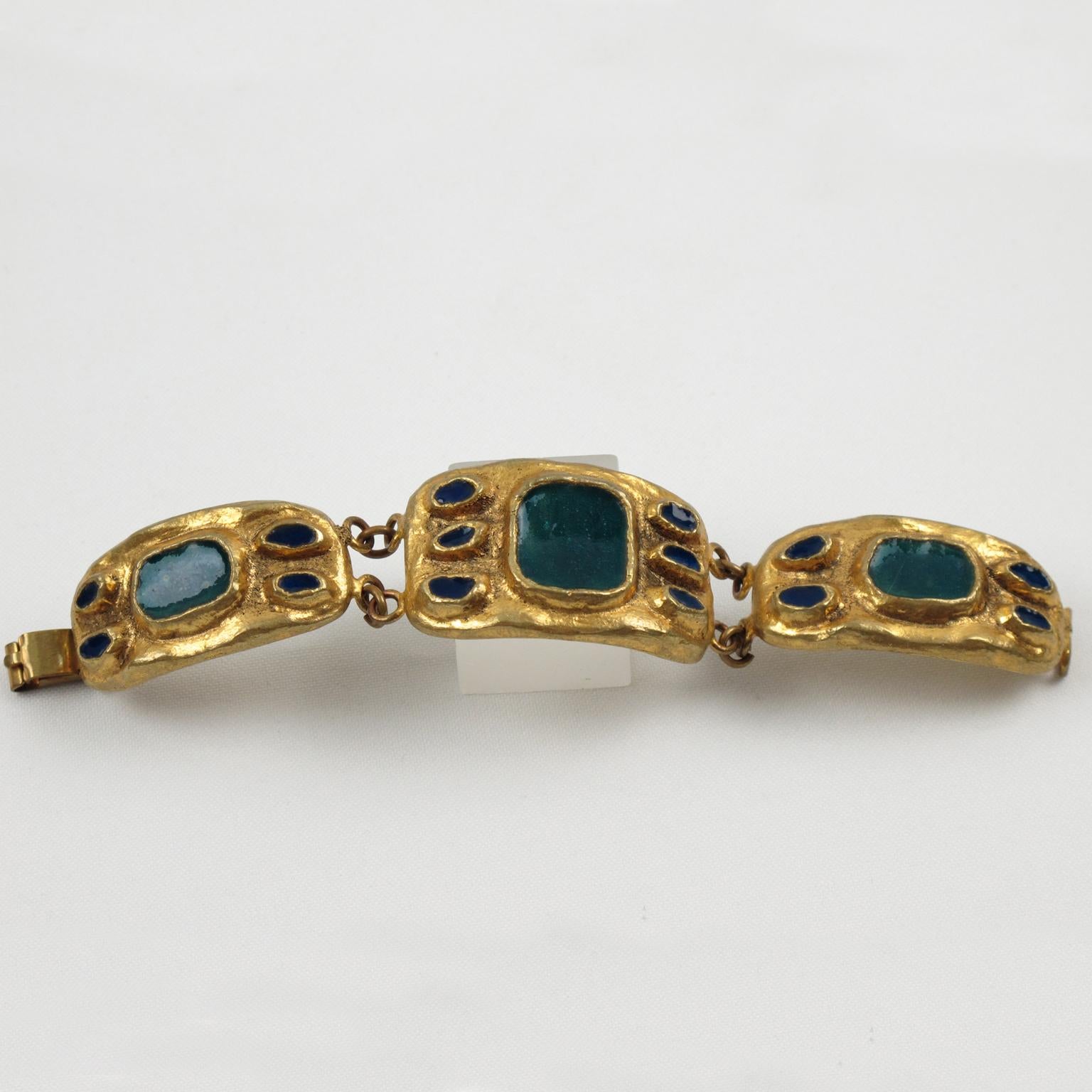 French Designer Willy Gilt Bronze, Green Enamel Link Bracelet For Sale 1