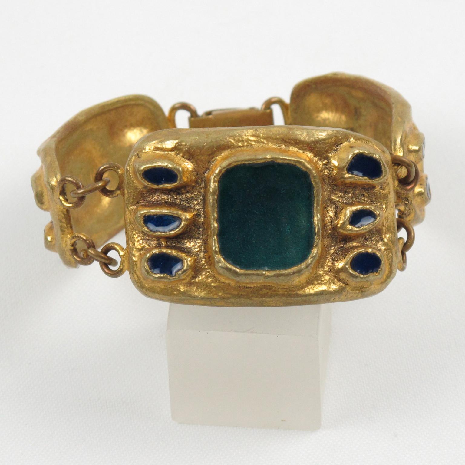 French Designer Willy Gilt Bronze, Green Enamel Link Bracelet For Sale 2