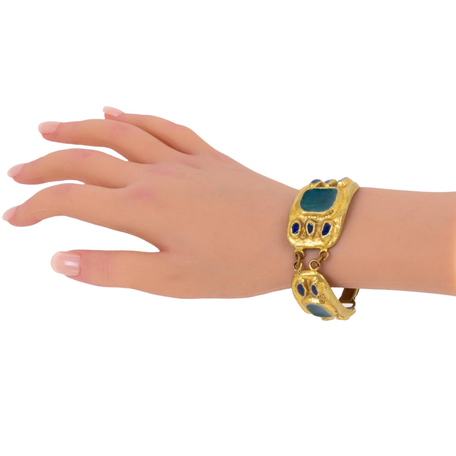 French Designer Willy Gilt Bronze, Green Enamel Link Bracelet For Sale 3
