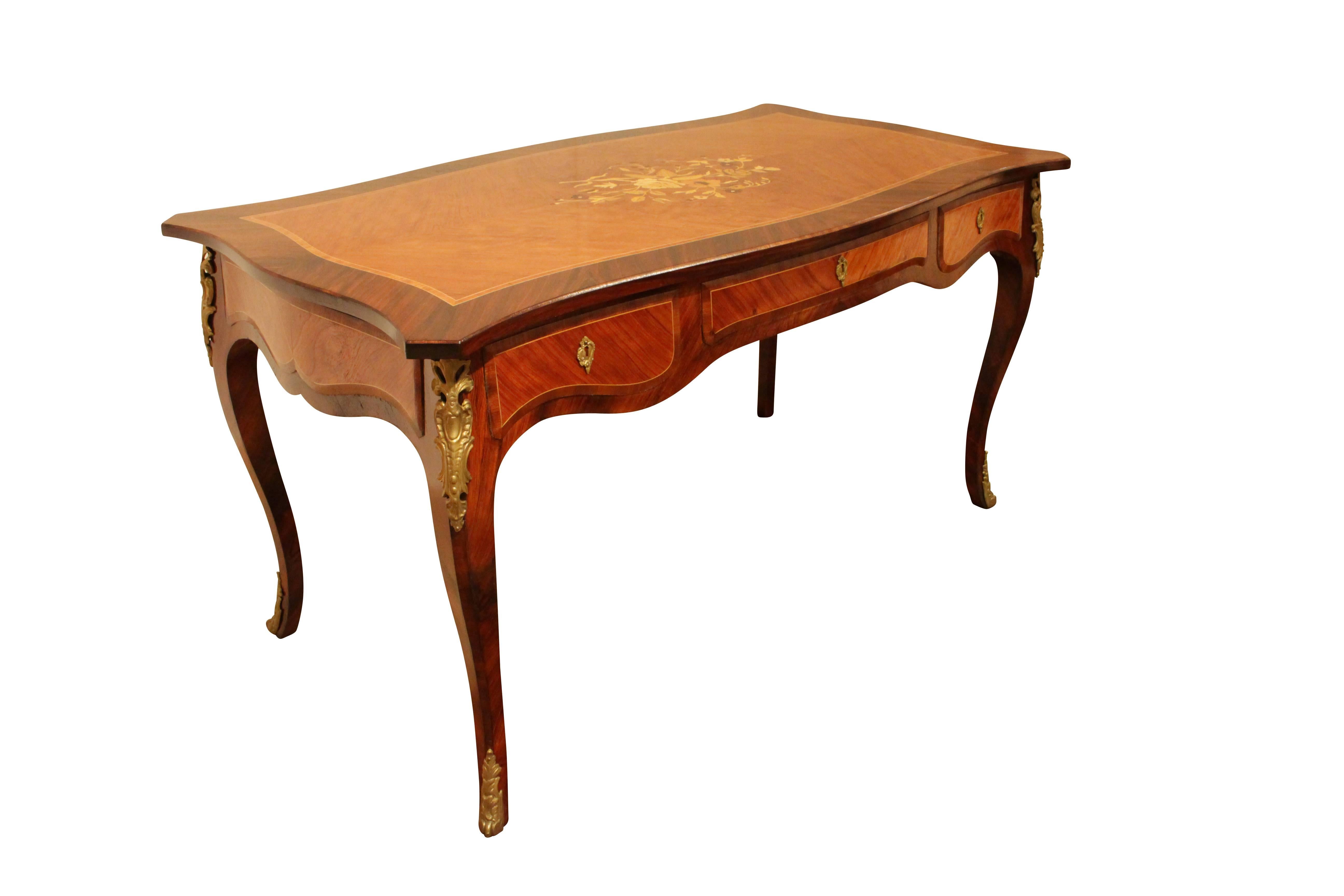 19th Century French Desk Bureau Plat in the Louis XV Style with Marquetry of Fruitwood