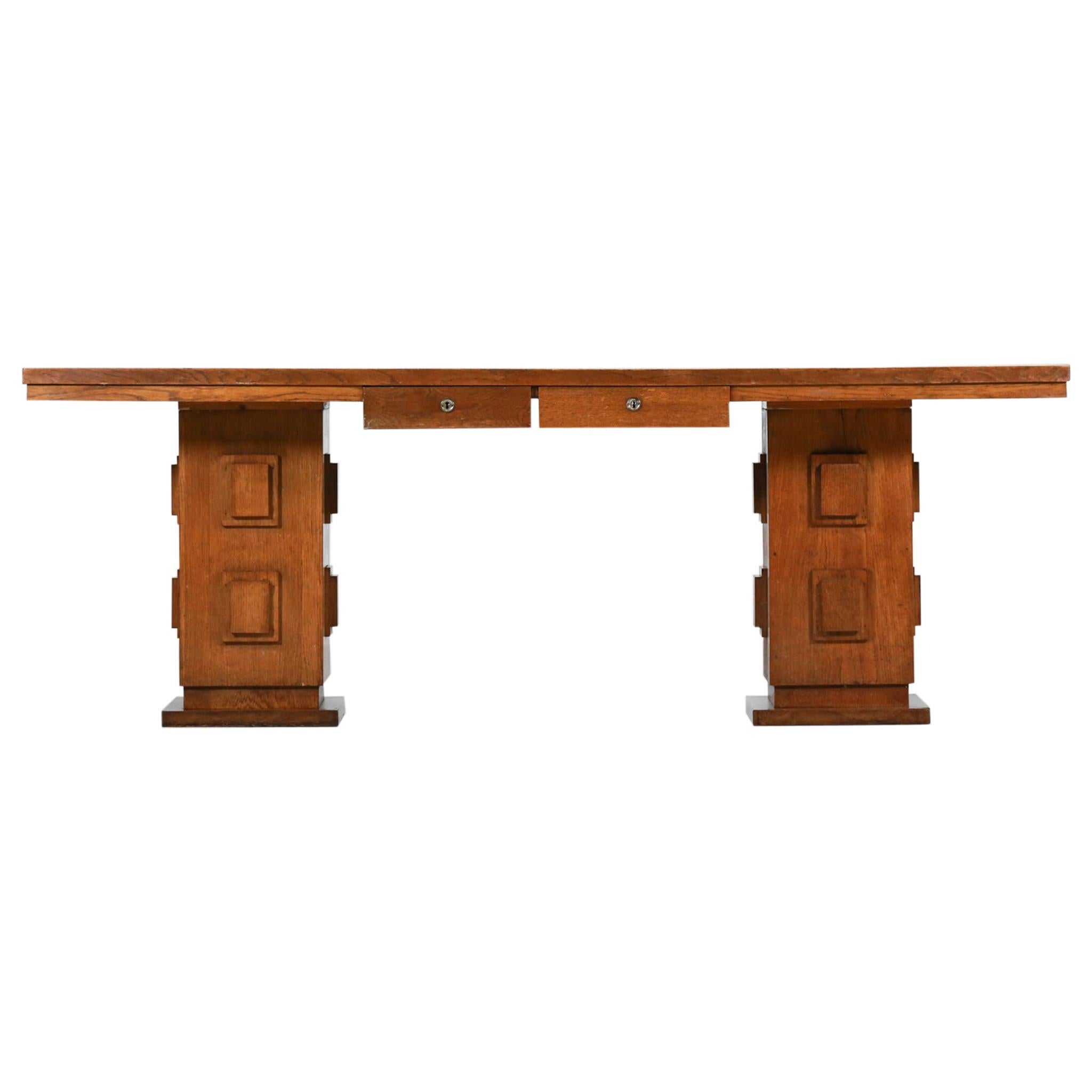 French Desk from the 1950s in Solid Oak in Style of Charles Dudouyt