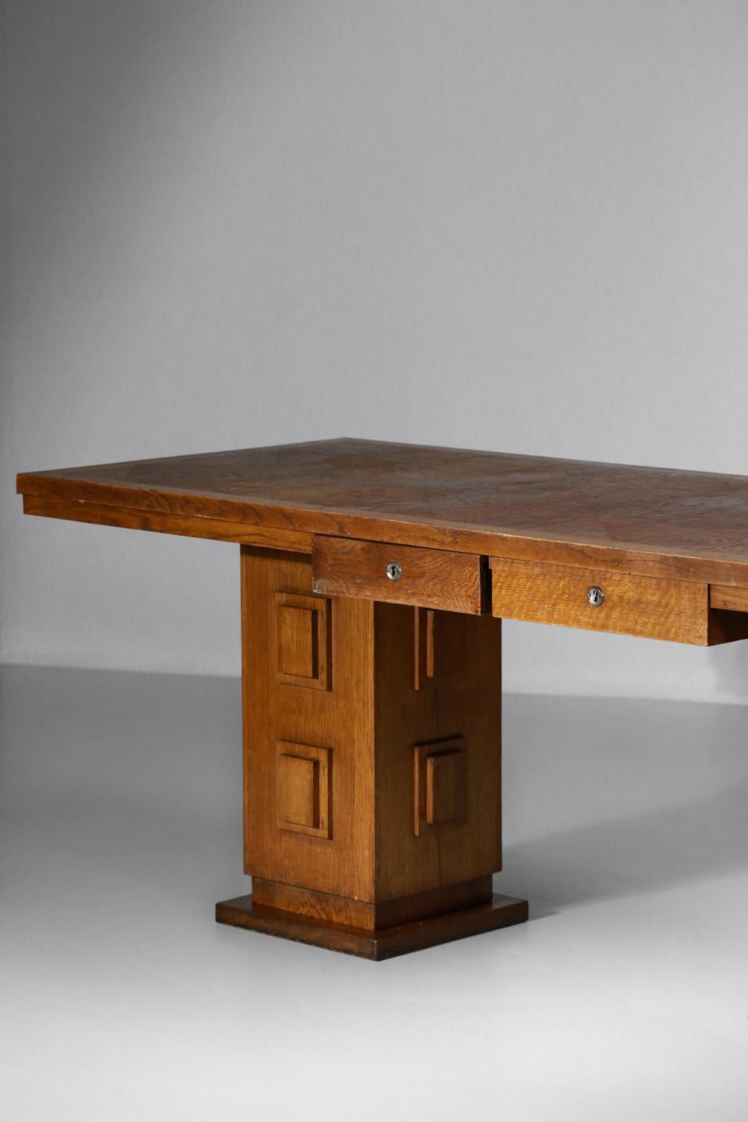 French Desk from the 1950s in Solid Oak in Style of Charles Dudouyt 1