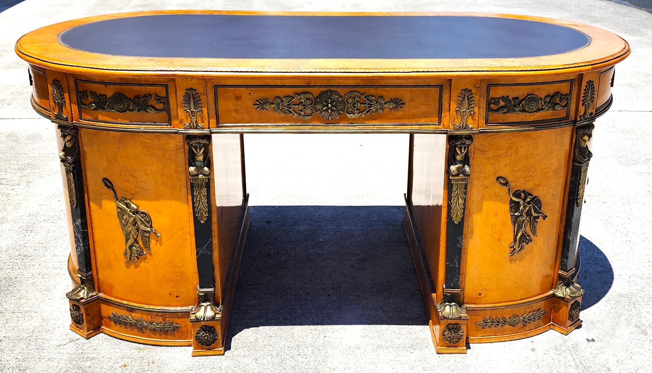 For FULL item description click on CONTINUE READING at the bottom of this page.

Offering One Of Our Recent Palm Beach Estate Fine Furniture Acquisitions Of A
French Louis XV Style Partners Desk with Bronze Ormolu Mounts and Birdseye Maple Finish