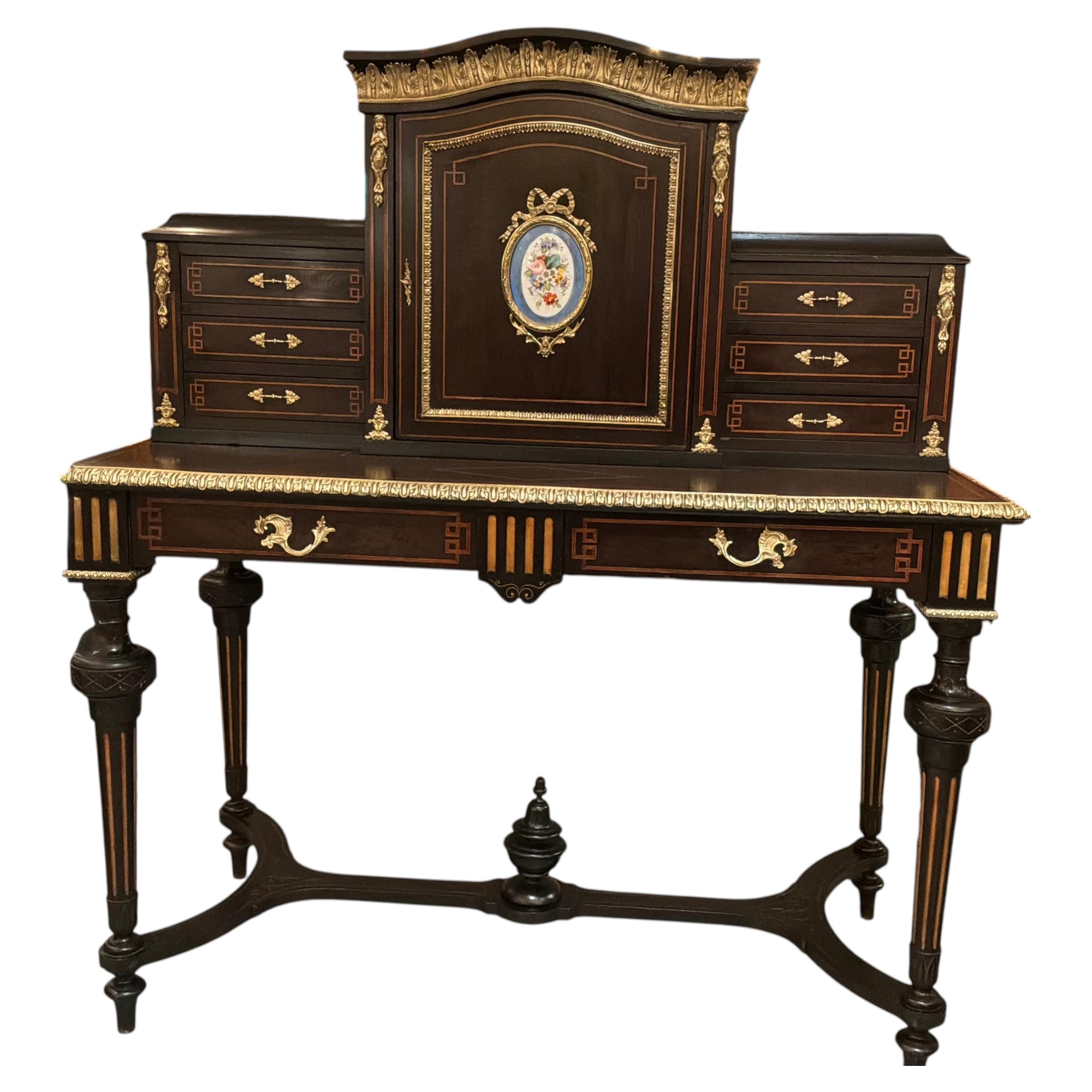 French Desk, Louis XVI Style with Sèvres Mounts and bronze dore accents