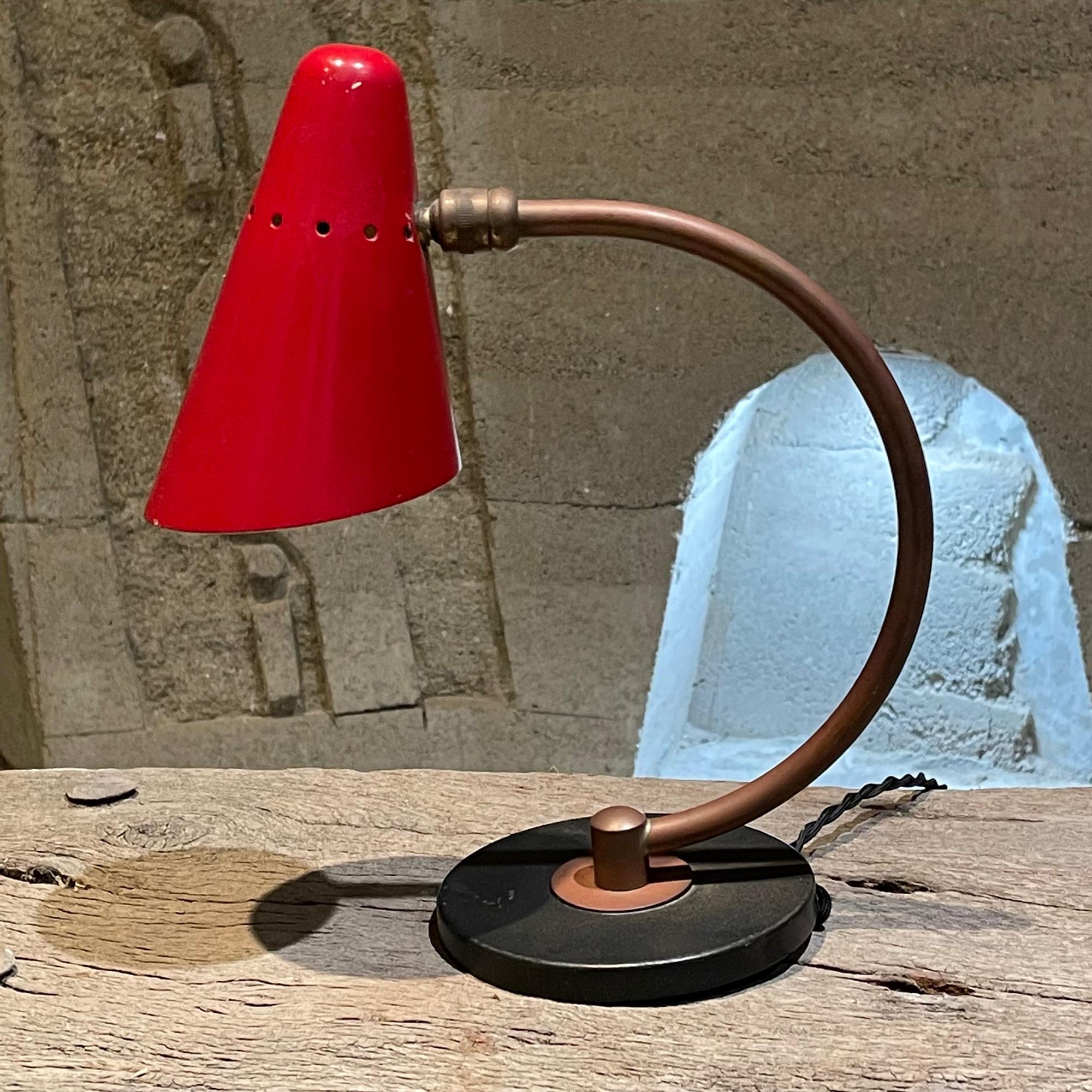 Aluminum 1950s French Desk Table Lamp Lovely Red Perforated Cone from France For Sale