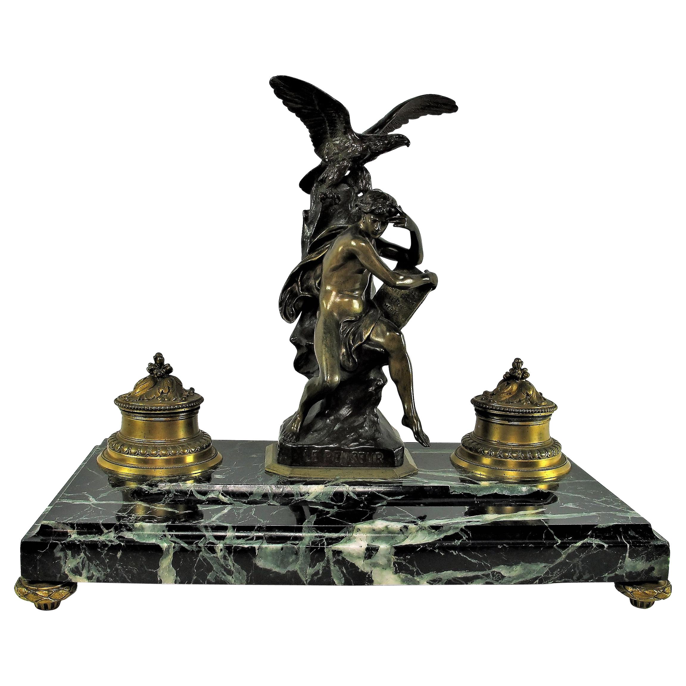 French Desktop Inkwell Depicting "The Thinker" by Emile-Louis Picault For Sale