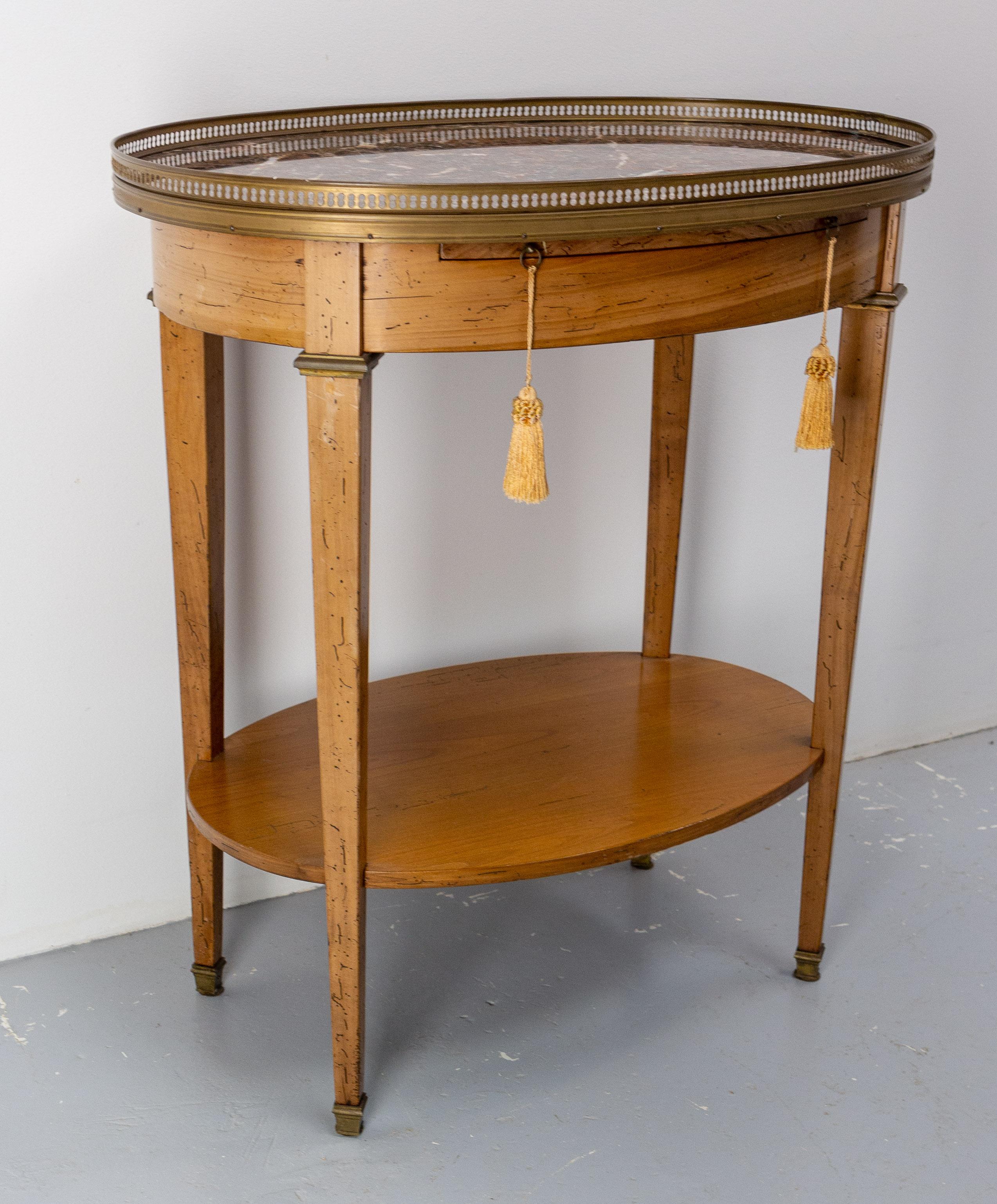 Late 20th Century French Desserte Side Table Marble Top, Brass & Cherrywood Louis XVI st., c 1980