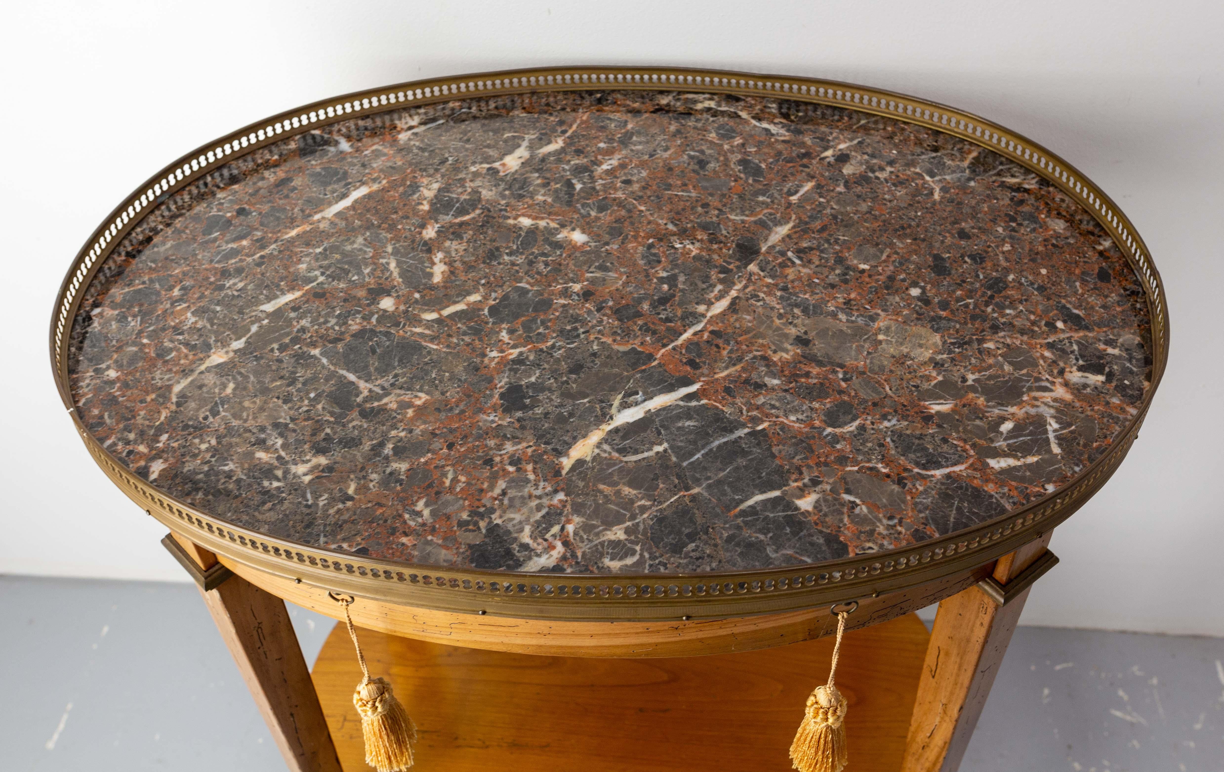 French Desserte Side Table Marble Top, Brass & Cherrywood Louis XVI st., c 1980 2