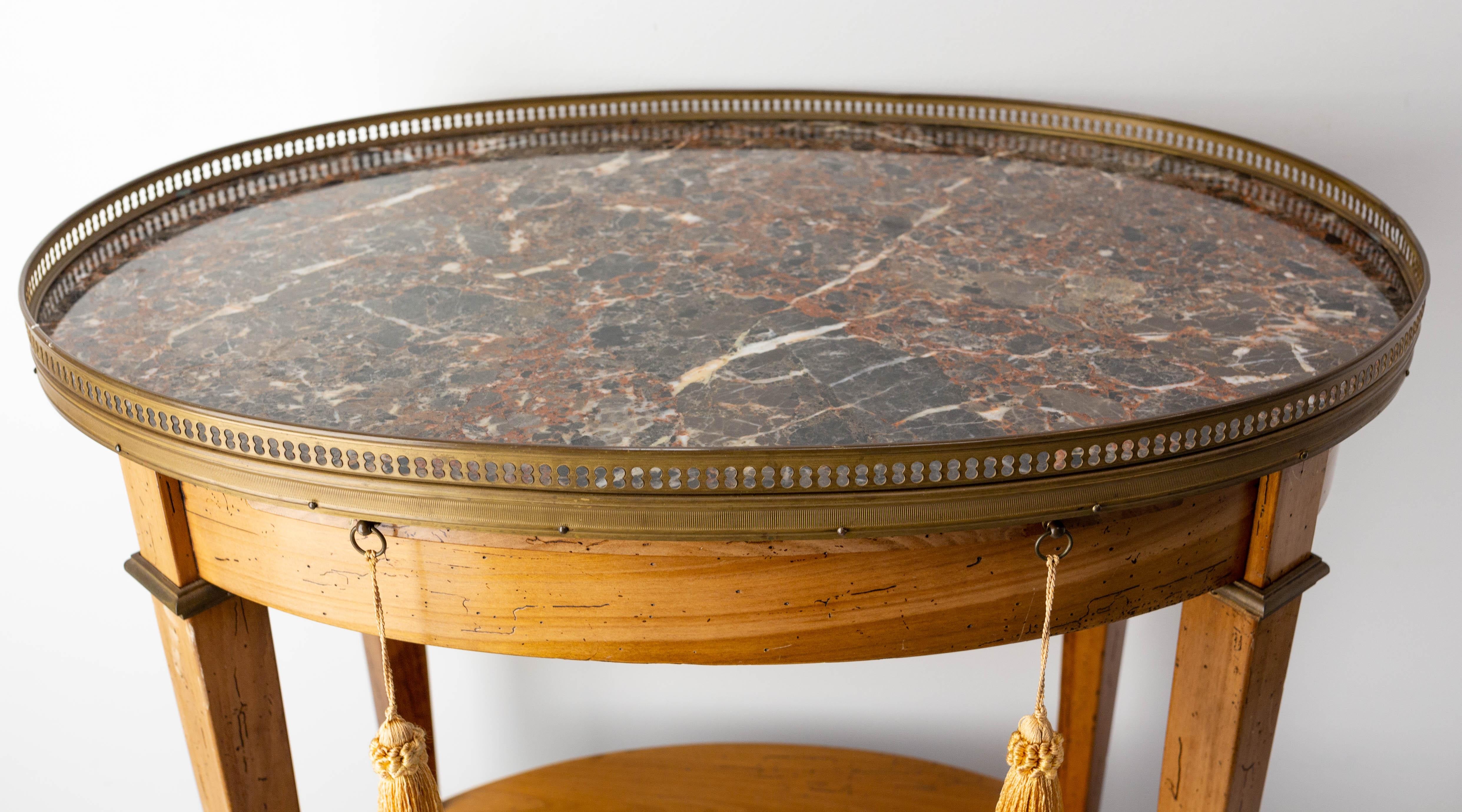 French Desserte Side Table Marble Top, Brass & Cherrywood Louis XVI st., c 1980 3