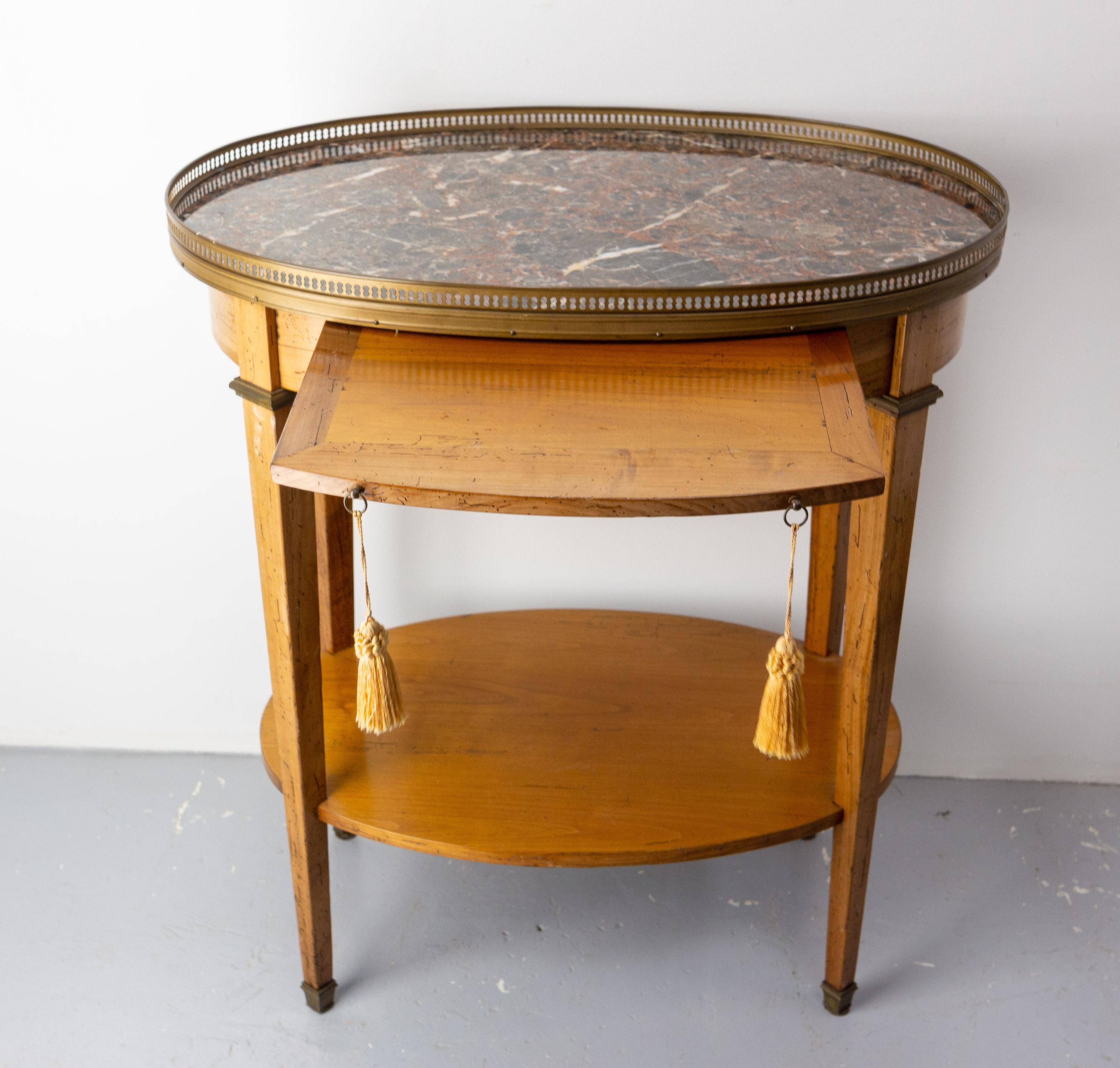 French Desserte Side Table Marble Top, Brass & Cherrywood Louis XVI st., c 1980 5