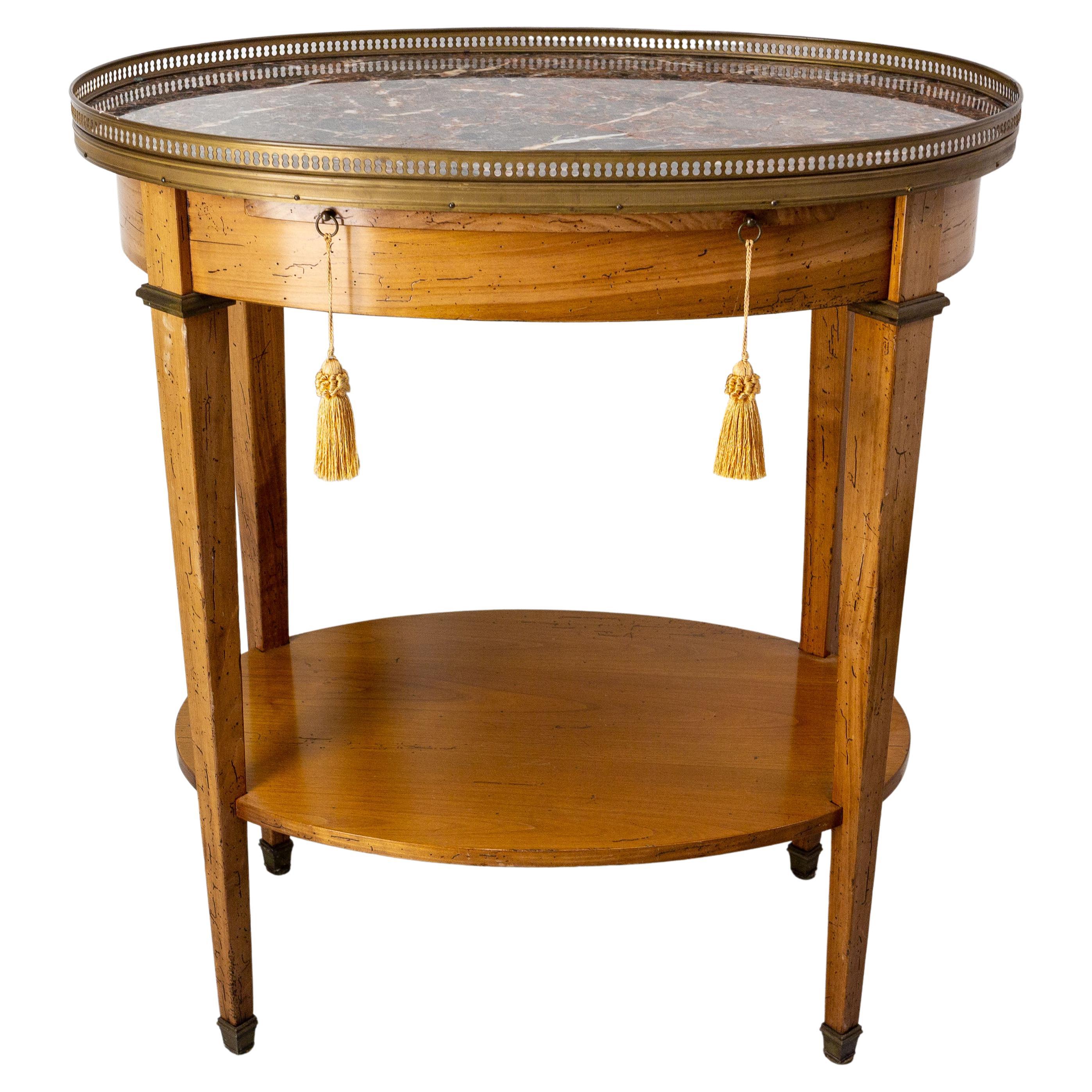 French Desserte Side Table Marble Top, Brass & Cherrywood Louis XVI st., c 1980