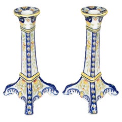 French Desvres Faience Candlesticks