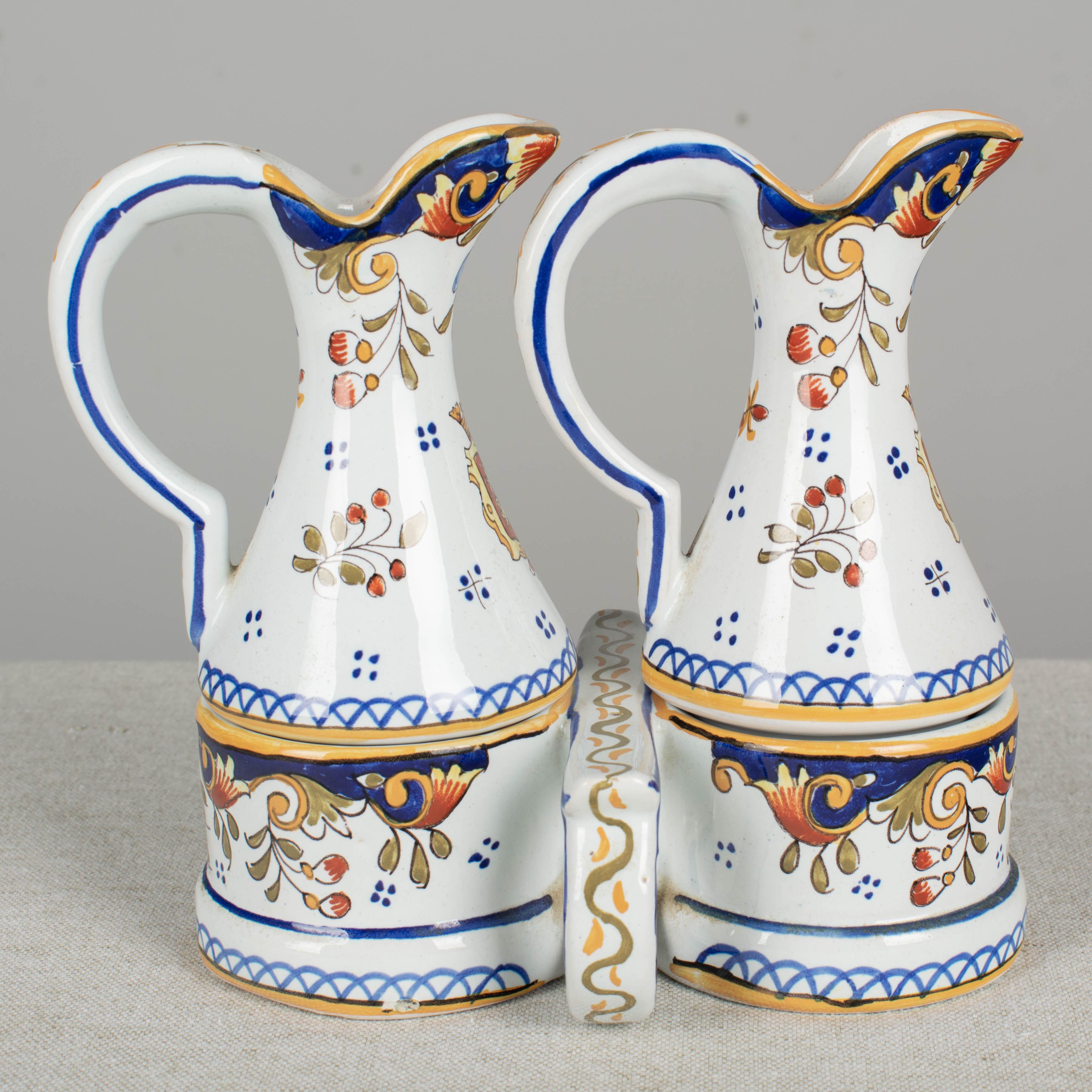 Hand-Painted French Desvres Faience Cruet Set For Sale