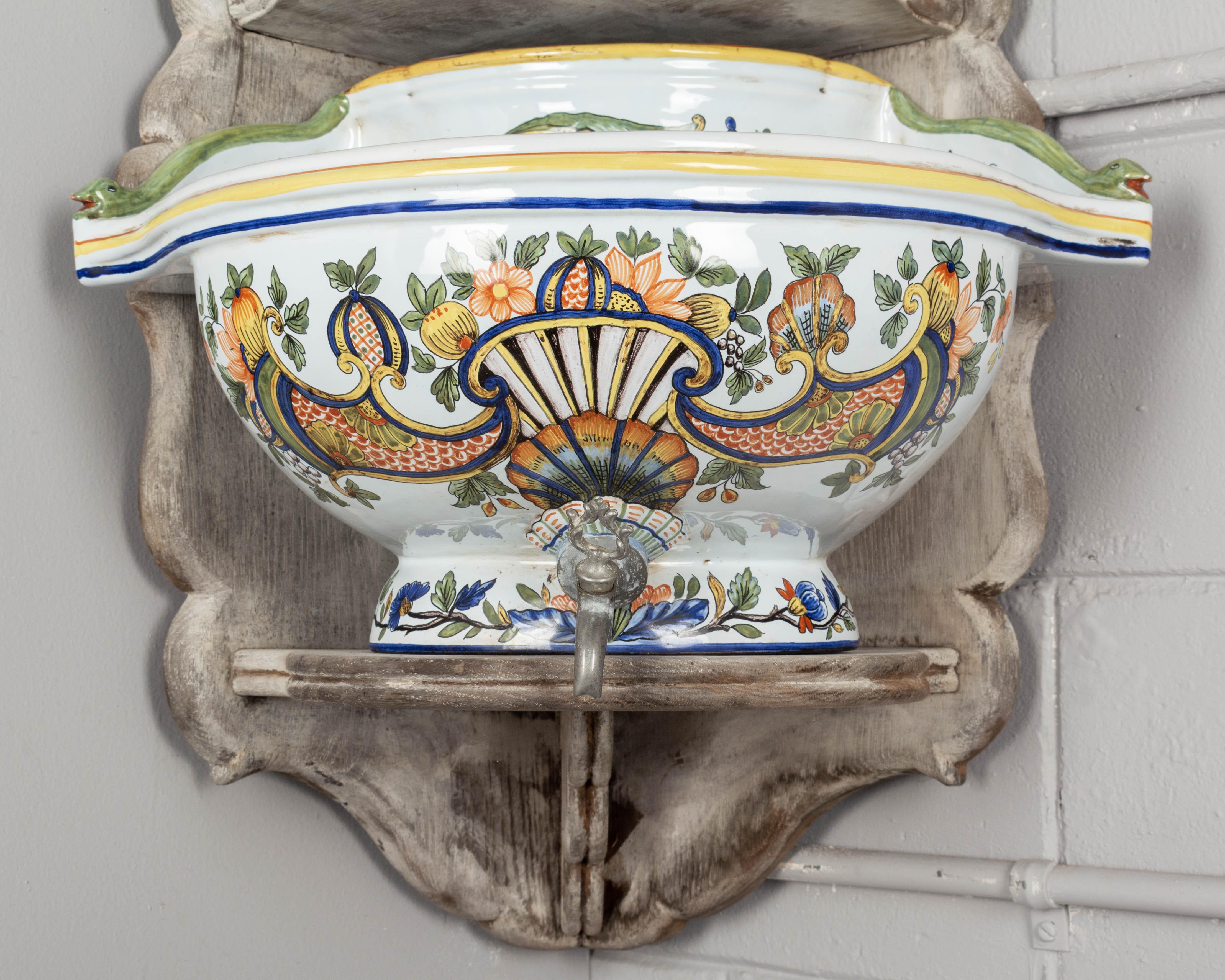 Hand-Painted French Desvres Faience Lavabo For Sale