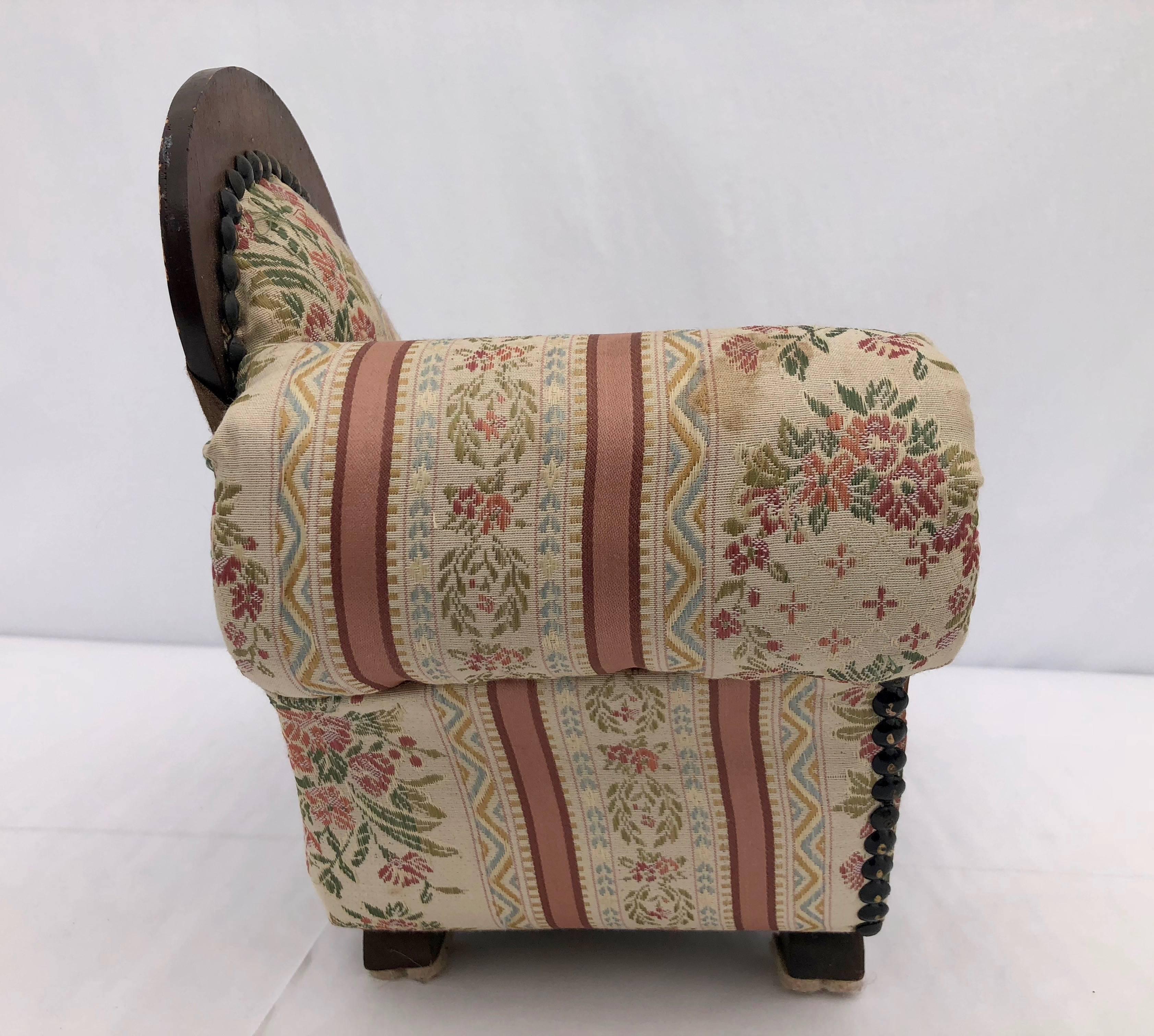 French Detailed Wood Doll Sofa Covered in Silk Fabric with Fabric Tacks and Feet For Sale 1