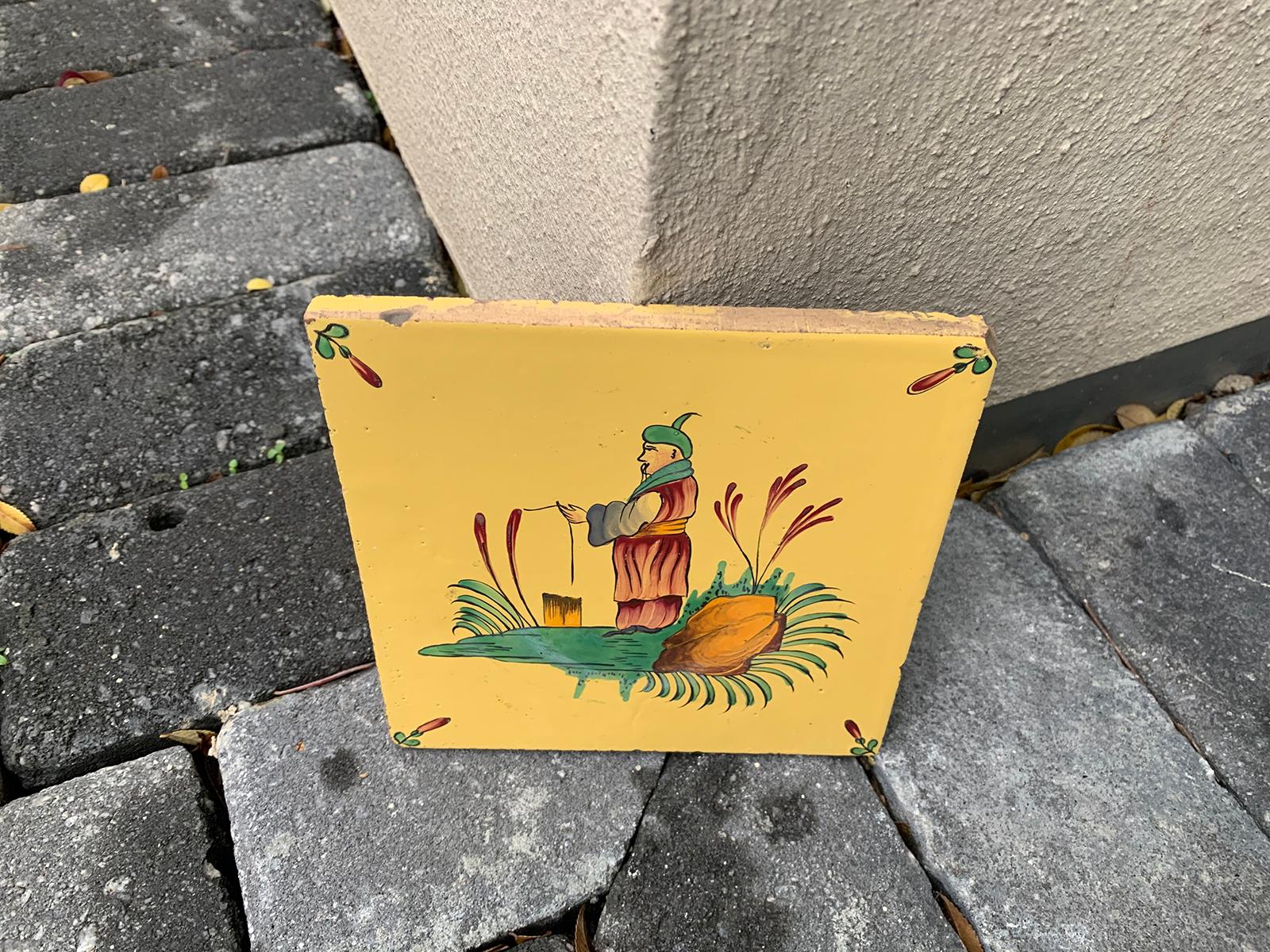 French Devres Chinoiserie Yellow Faience Pottery Tile by Georges Martel, Marked For Sale 6