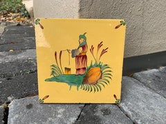 French Devres Chinoiserie Yellow Faience Pottery Tile by Georges Martel, Marked