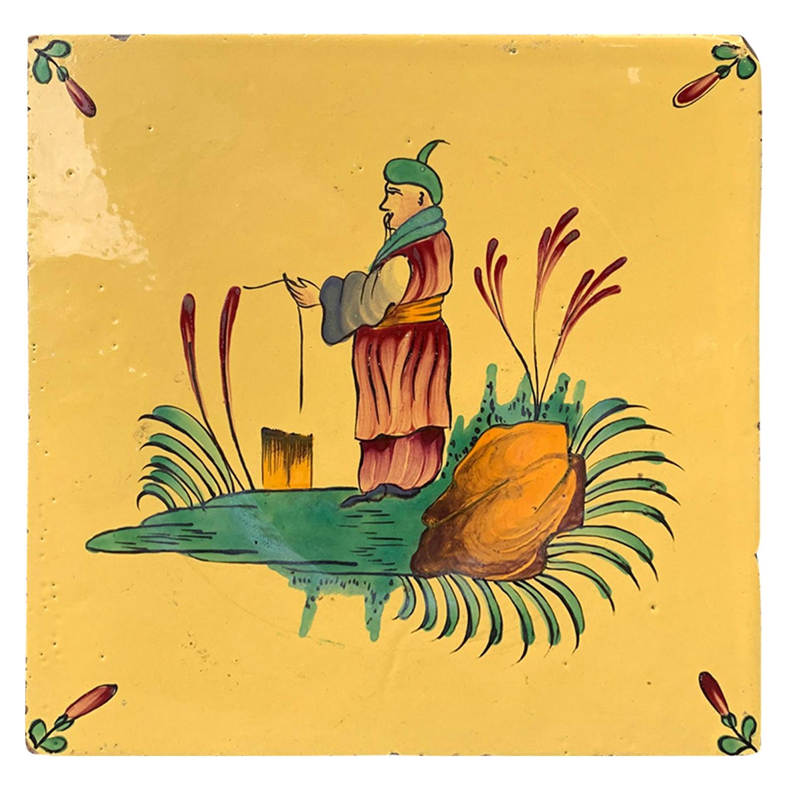 French Devres Chinoiserie Yellow Faience Pottery Tile by Georges Martel, Marked For Sale