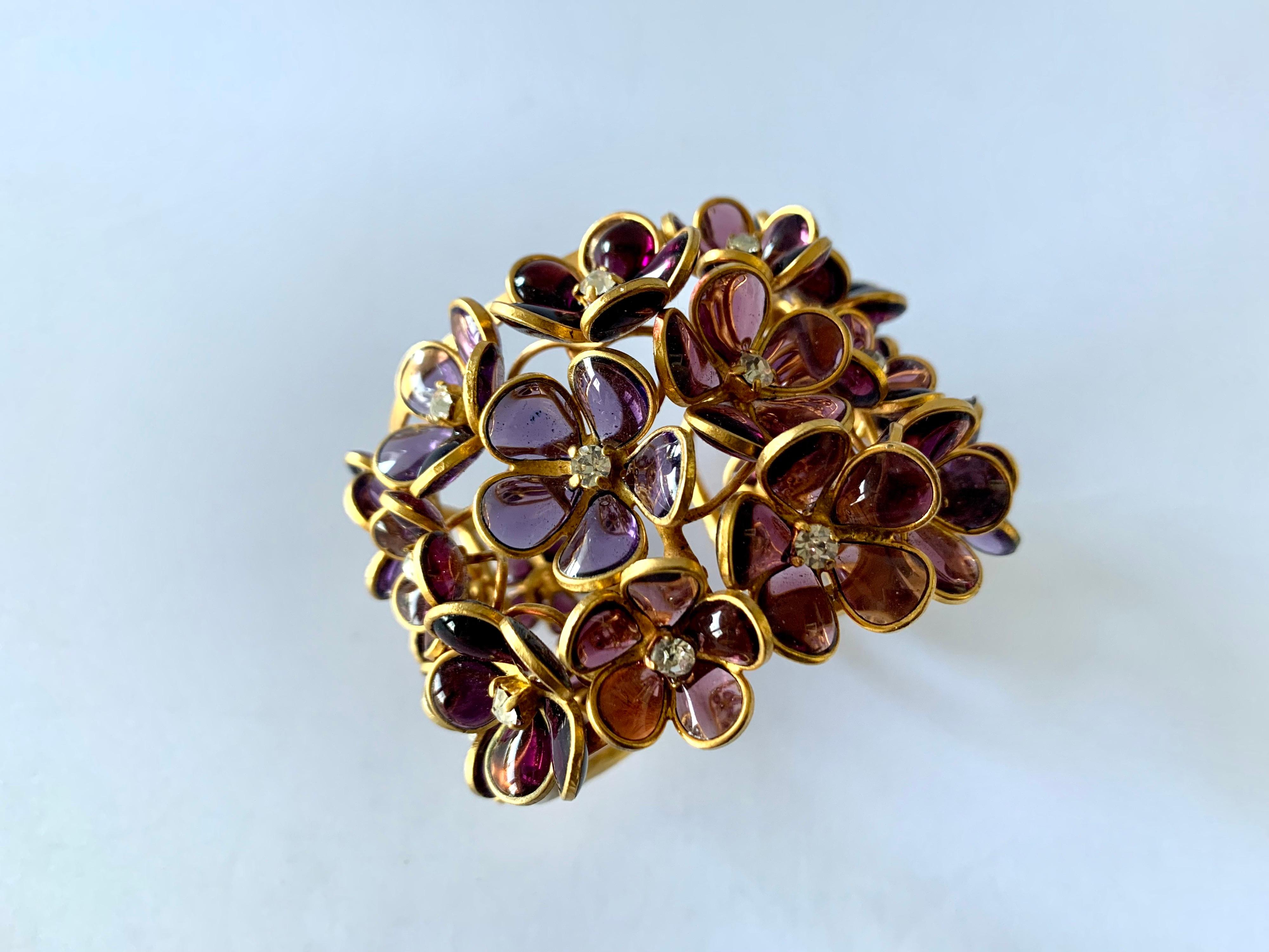 Beautiful artisanal French gold-tone (meral dore) cuff bracelet formed of intricate 