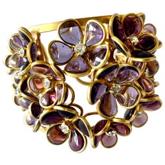 French Diamante Amethyst Flower "pate de verre" Cuff Bracelet