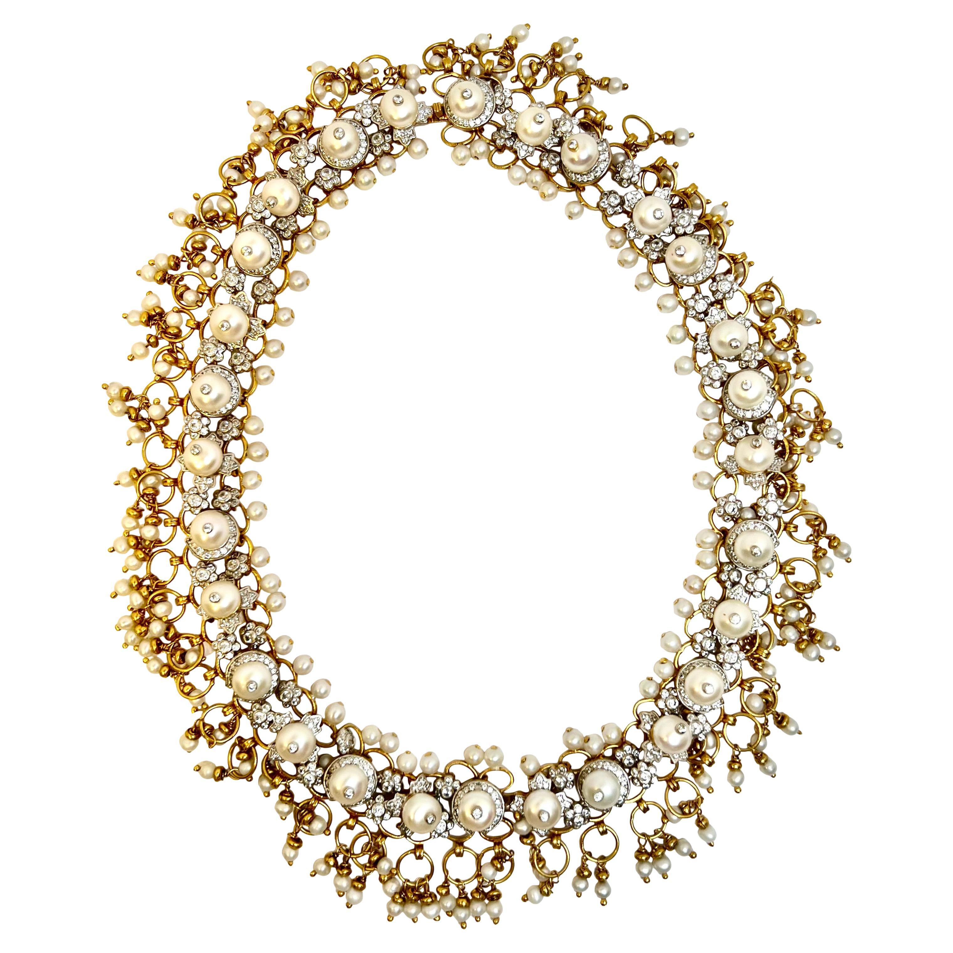 Französisches Diamanté Perlen Gold Vermeil Fransenhalsband im Angebot
