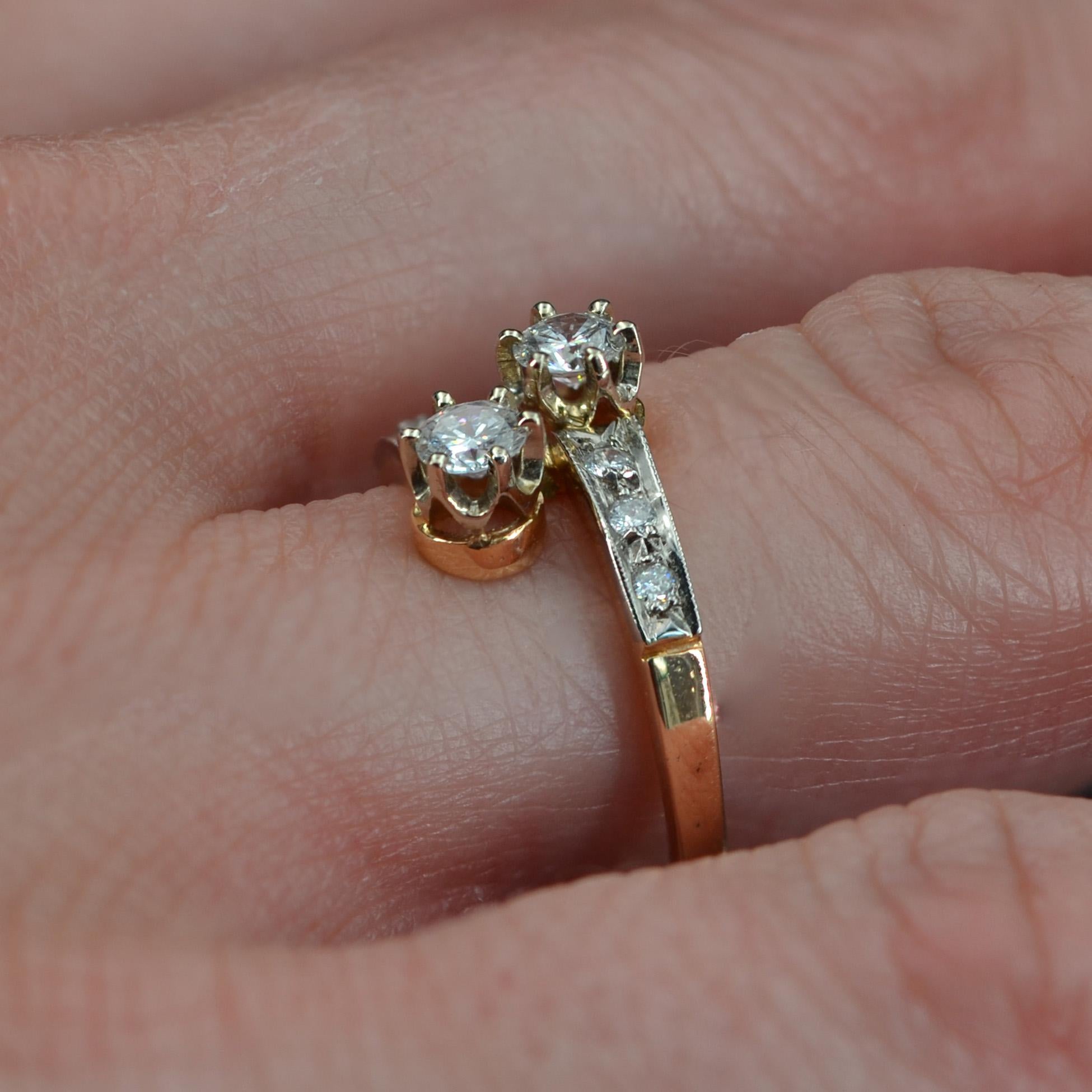 French Diamond 18 Carat Yellow Gold Platinium Toi et Moi Engagement Ring 2