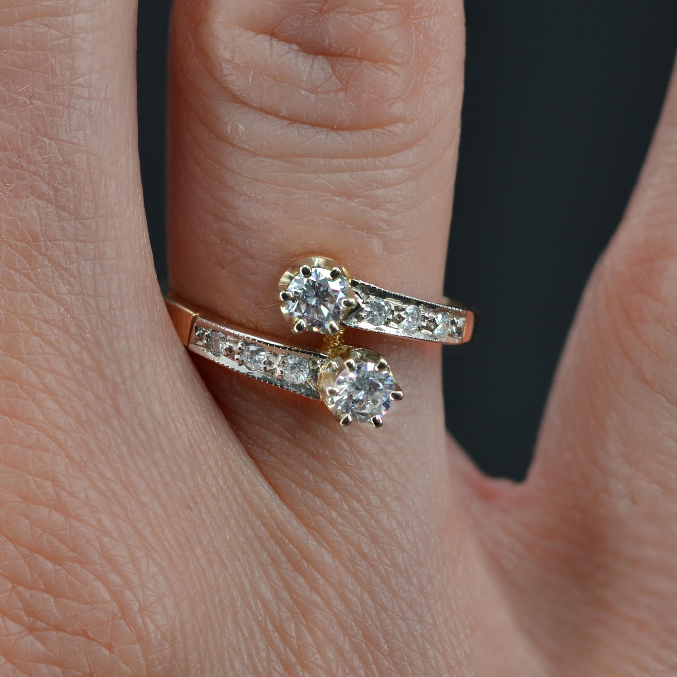 Brilliant Cut French Diamond 18 Carat Yellow Gold Platinium Toi et Moi Engagement Ring